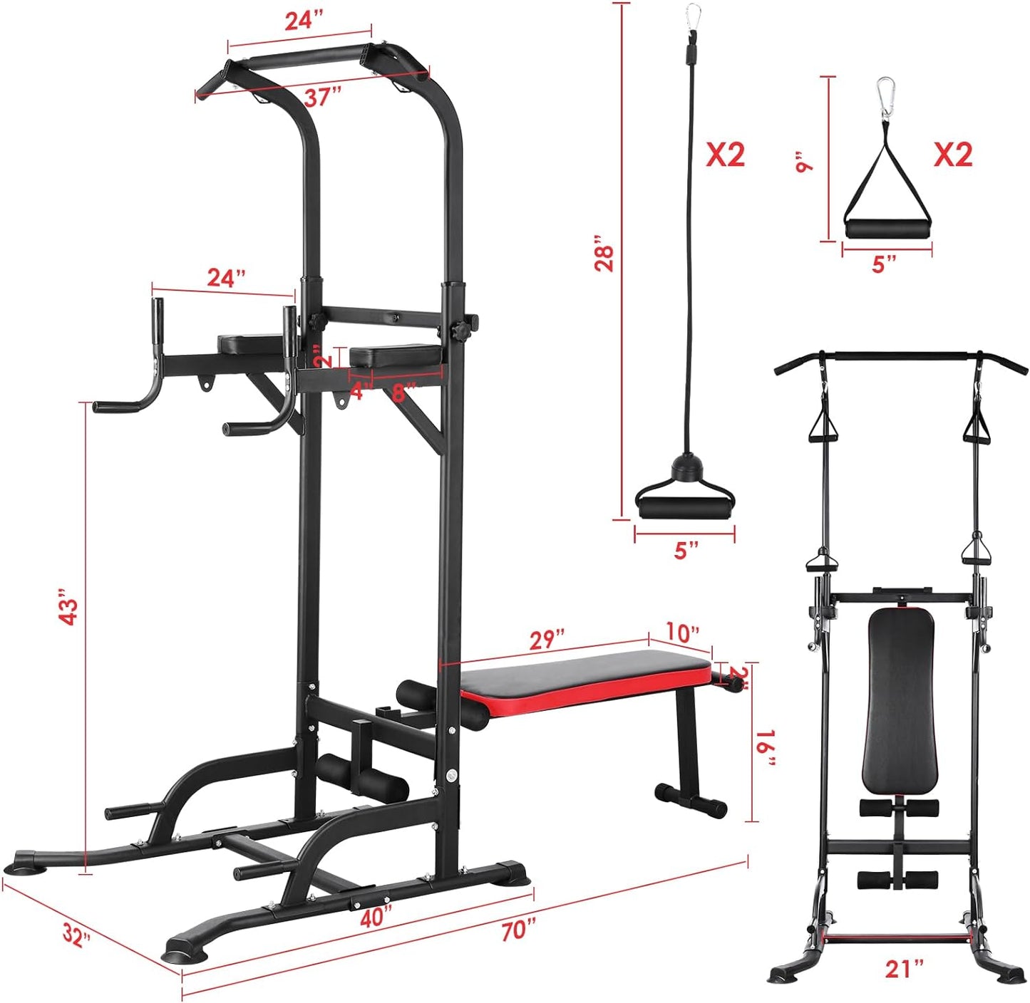 GARTIO Heavy Duty Power Tower Pull Up Bar Dip Station W/ Sit up Bench Home Gym Strength Training Adjustable Height - 400 lbs