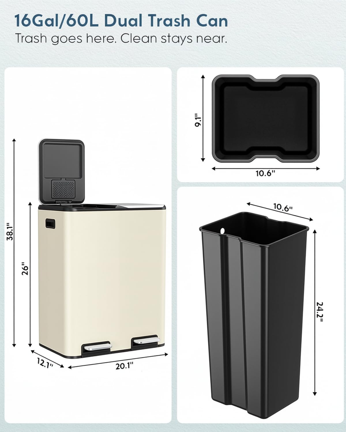 LAZY BUDDY 16 Gal Dual Kitchen Trash Can 2 x 30L Rectangular Stainless Steel Garbage Bin Recycle Waste Dustbin W/ 2 Built-in Odor Control Box