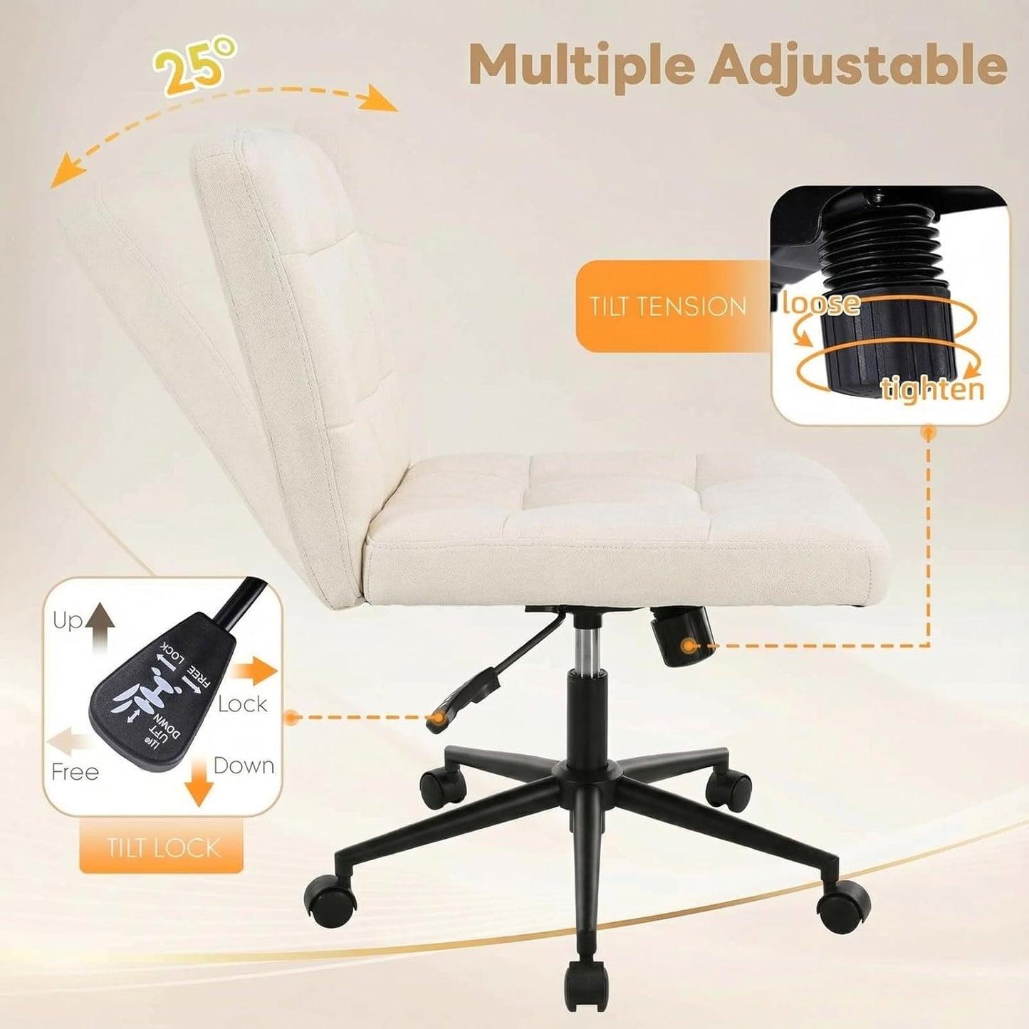 LAZY BUDDY Office Chair, Armless Criss Cross Legged Chair with Wheels, Comfy Home Vanity Task Computer Chair, Adjustable Height