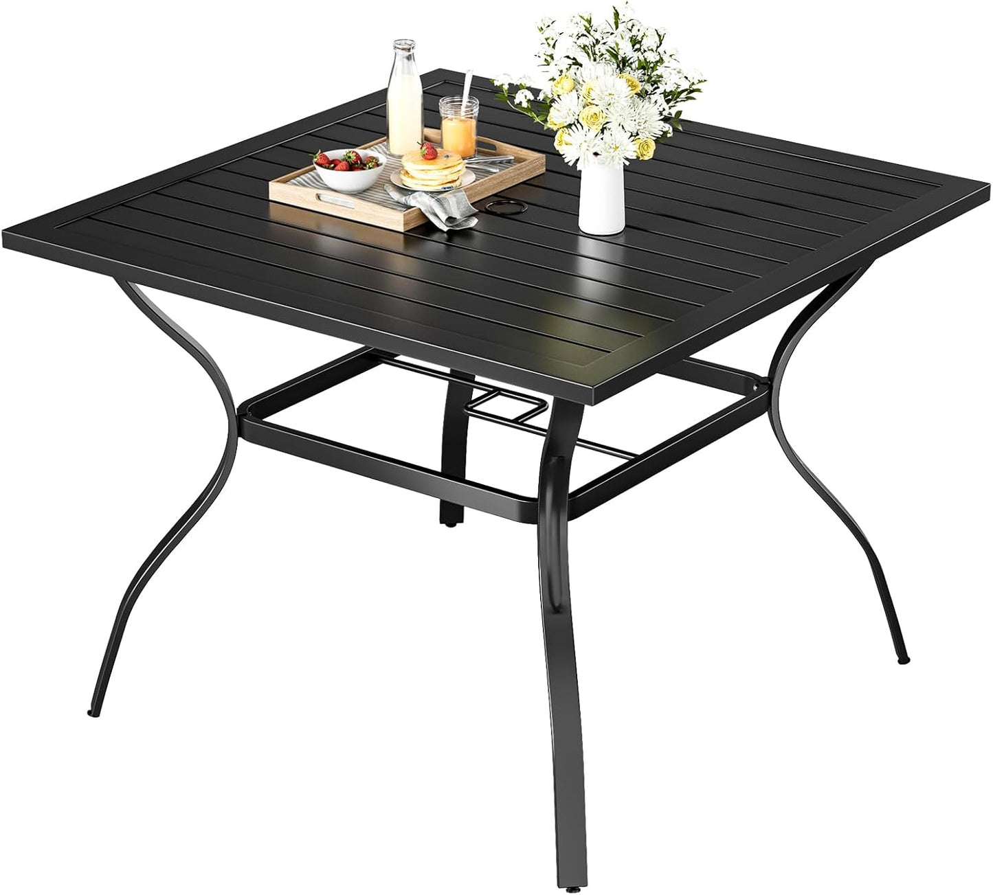 LAZY BUDDY Outdoor Dining Table for 4-6, E-Coating Metal Patio Dining Table with Umbrella Hole, All-Weather Table for Picnic, Garden, Backyard, Poolside