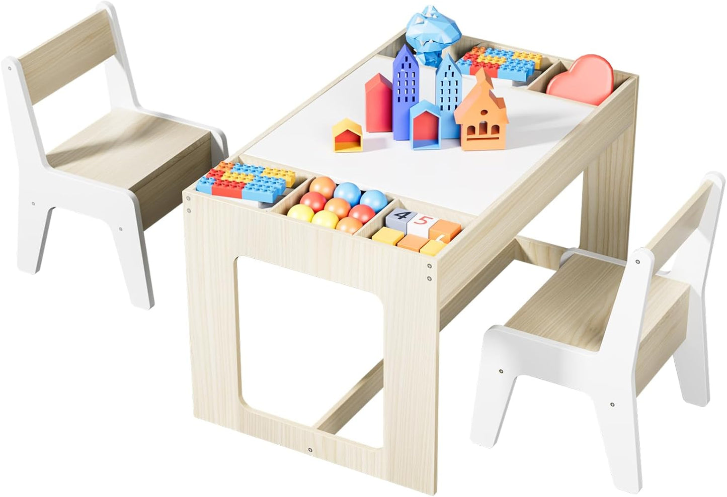 LAZY BUDDY Kids Table & Chair Set, 3 in 1 Children Wood Activity Table W/ Storage Detachable Tabletop for Children Drawing Reading Art Craft, Playroom, Nursery, Toddler Table and Chair Set