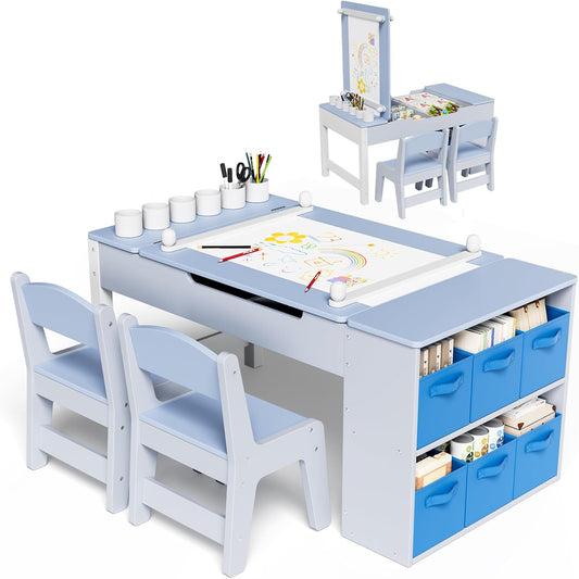 LAZY BUDDY Kids Art Table and Chairs Set, 2-in-1 Easel & Kids Craft Table and Chairs with Storage Bins, Paint Cups and Paper Roll