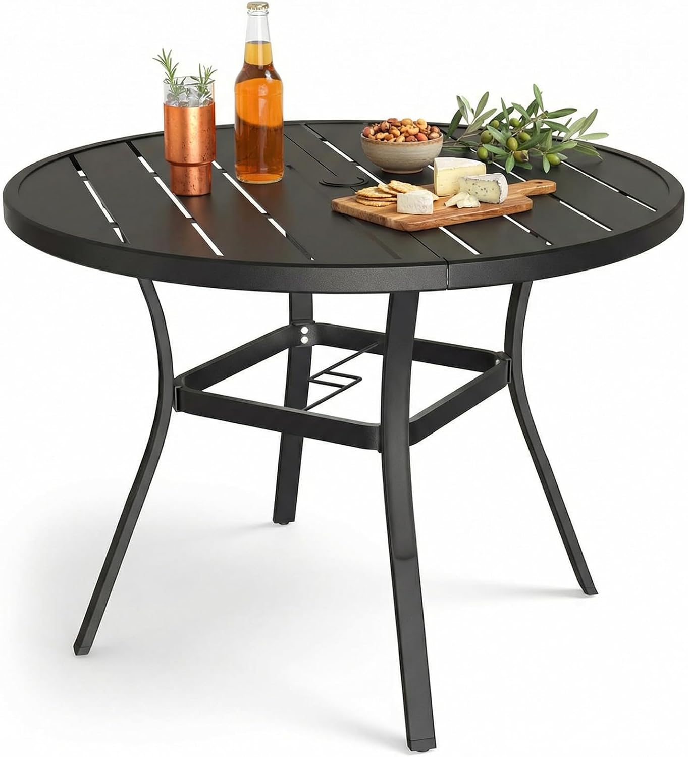 LAZY BUDDY Outdoor Dining Table for 4-6, E-Coating Metal Patio Dining Table with Umbrella Hole, All-Weather Table for Picnic, Garden, Backyard, Poolside