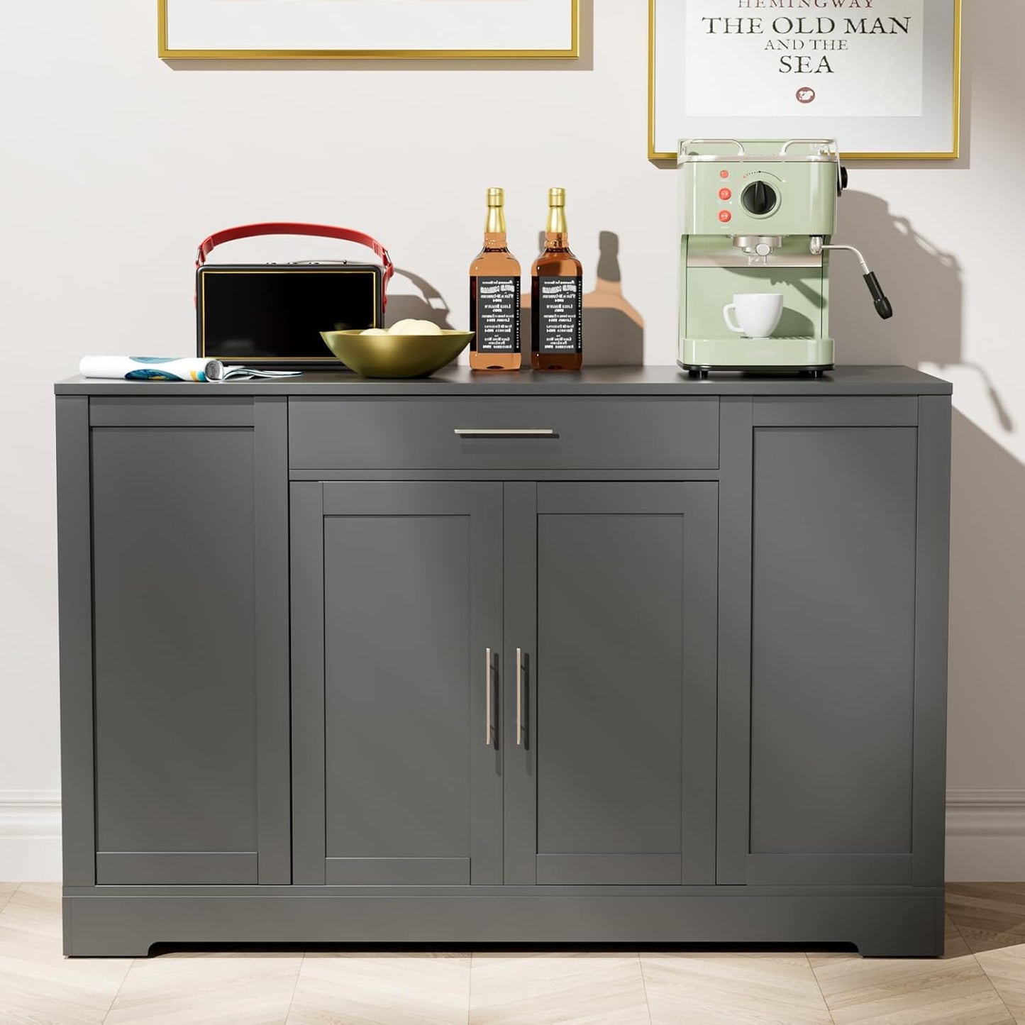 LAZY BUDDY 53" Large Kitchen Island w/ Trash Can Storage Cabinet, Wooden Stationary Storage Pantry for 13 Gallon Garbage Bin with Drawer, Adjustable Double Door Cabinet, 3 Layer Open Side Racks