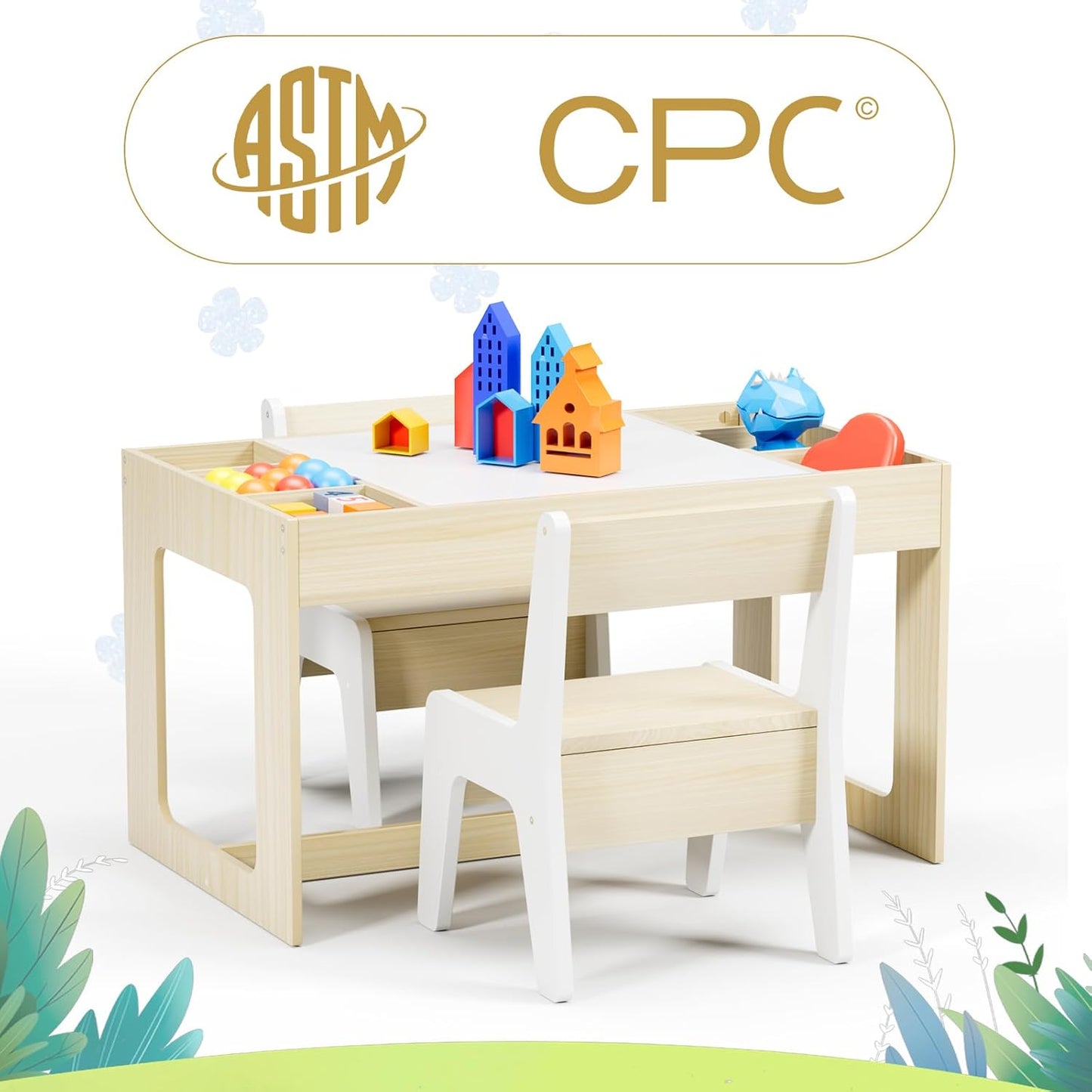 LAZY BUDDY Kids Table & Chair Set, 3 in 1 Children Wood Activity Table W/ Storage Detachable Tabletop for Children Drawing Reading Art Craft, Playroom, Nursery, Toddler Table and Chair Set