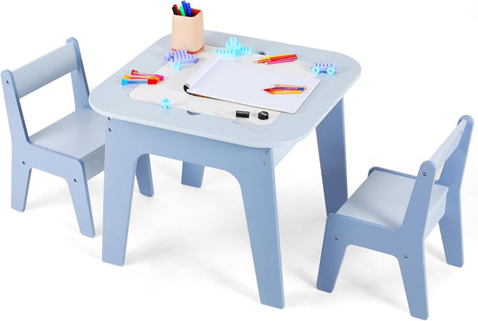 LAZY BUDDY Wooden Kids Table and 2 Chairs Set with Storage, Toddler Activity Table with 2 Removable Double-Sided Tabletops for Drawing, Arts Crafts Playing