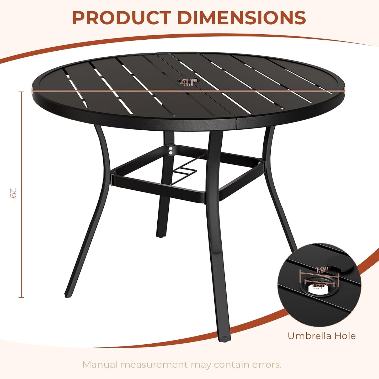 LAZY BUDDY Outdoor Dining Table for 4-6, E-Coating Metal Patio Dining Table with Umbrella Hole, All-Weather Table for Picnic, Garden, Backyard, Poolside