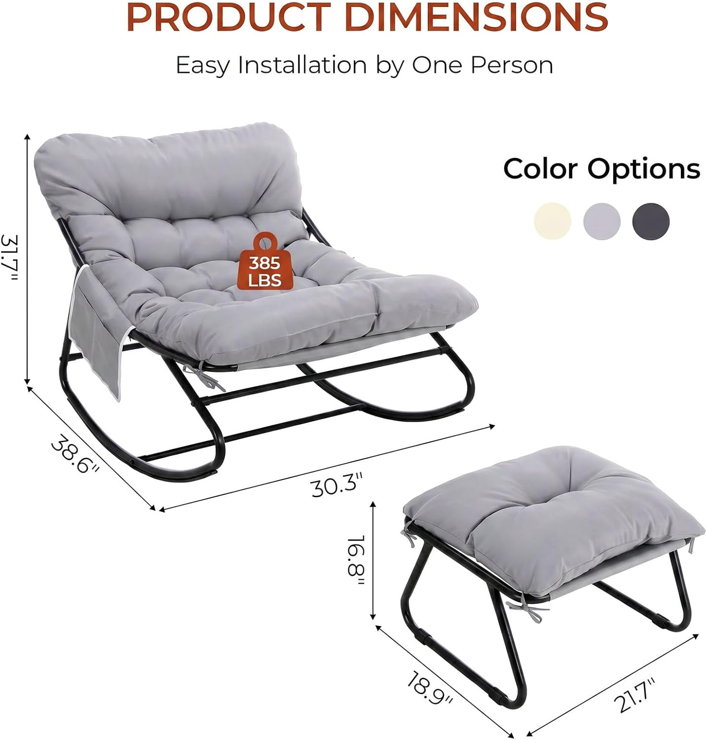 LAZY BUDDY Large Papasan Rocking Chair with Ottoman, Patio Lounge Chair Rocker with 7.4'' Thick Cushion, for Indoor Outdoor Use