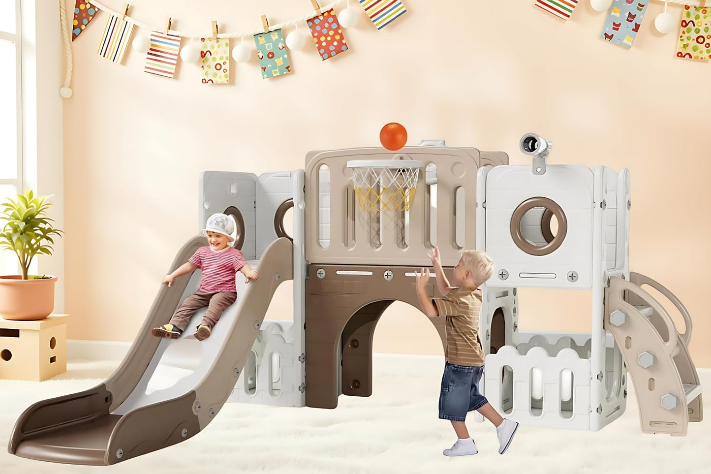 LAZY BUDDY Freestanding Toddler Slide, Kids Slide Climber Playset, Plastic Baby Slide with Basketball Hoop, Telescope, Tunnel, Storage Space, Anti-Slip Steps, Indoor Outdoor Playground for Ages 3+