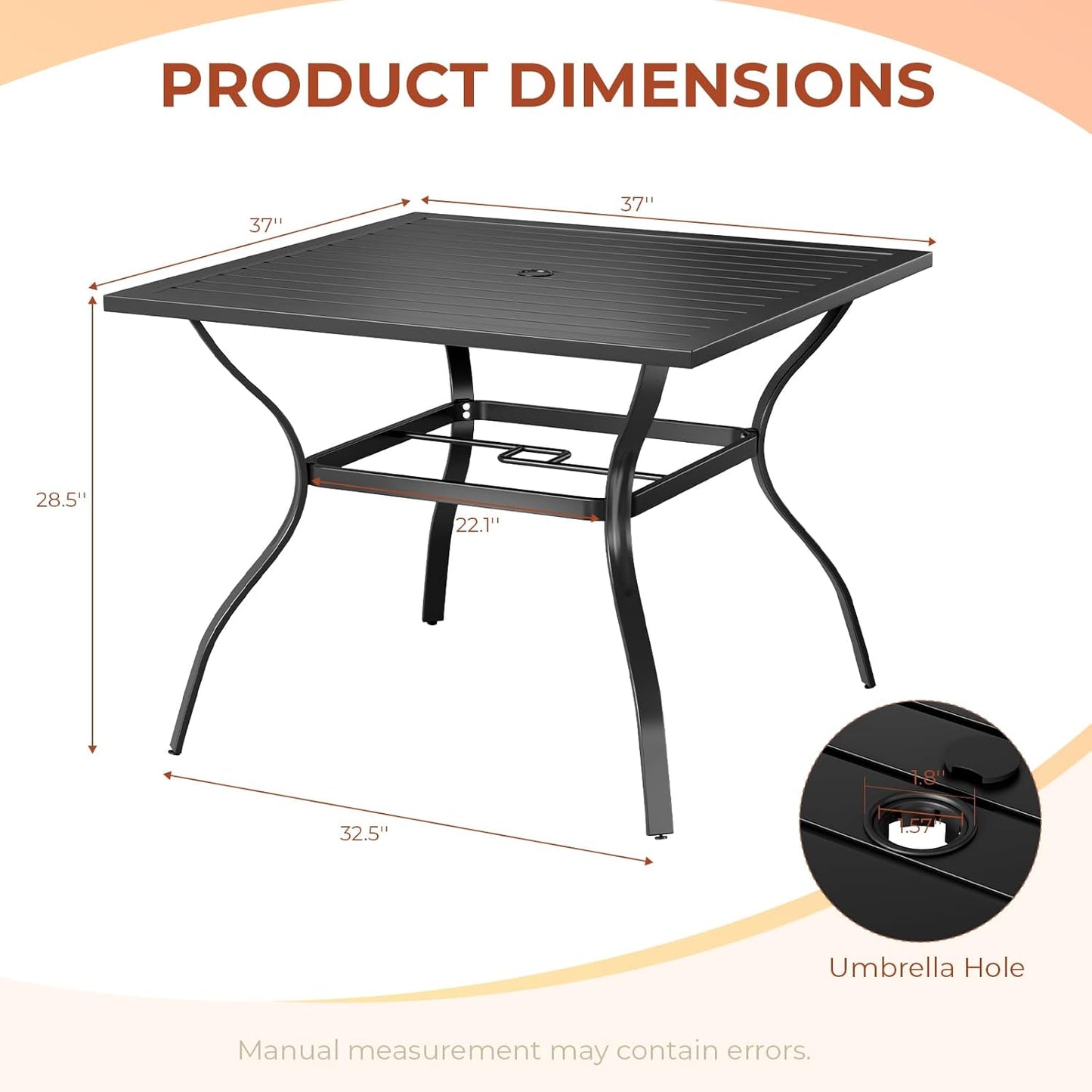 LAZY BUDDY Outdoor Dining Table for 4-6, E-Coating Metal Patio Dining Table with Umbrella Hole, All-Weather Table for Picnic, Garden, Backyard, Poolside