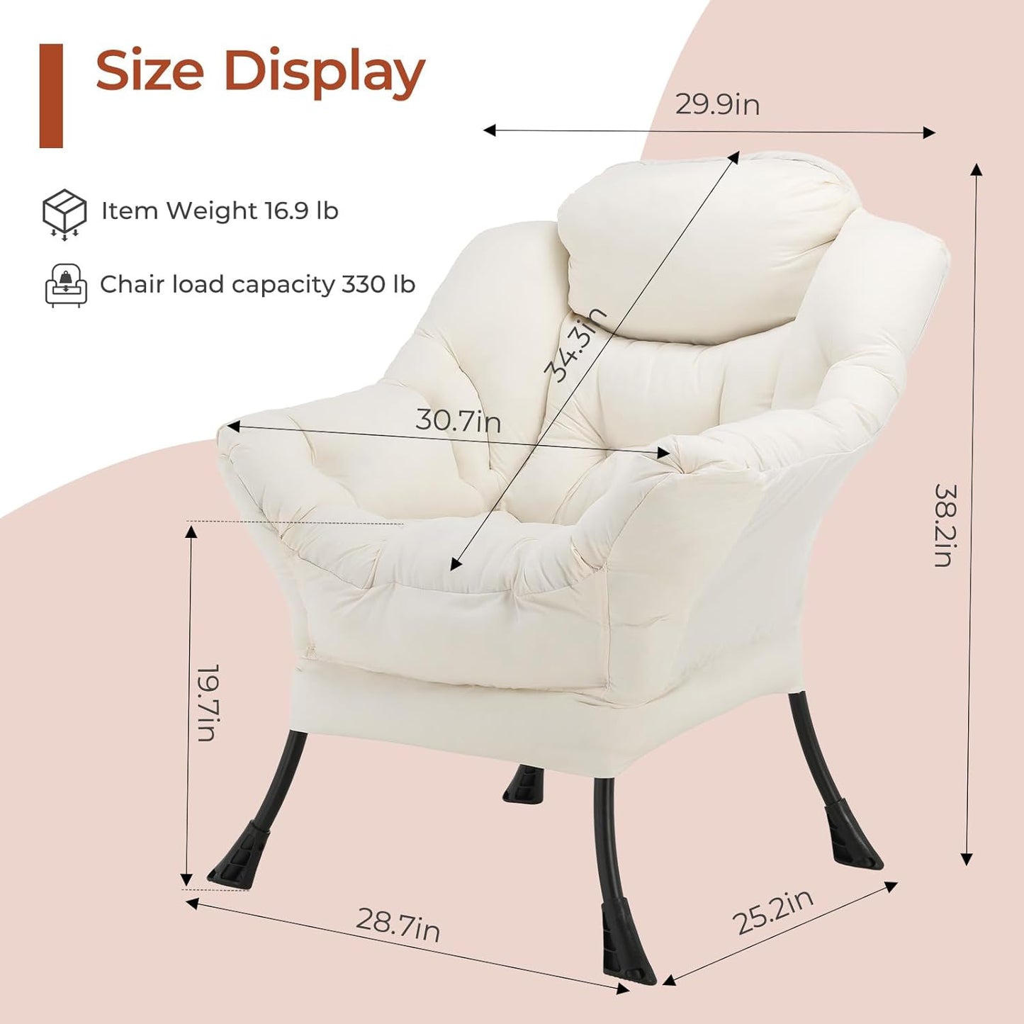 LAZY BUDDY Lazy Chair with Side Pocket, Upholstered Accent Lounge Chair Reading Armchair for Living Room, Bedroom