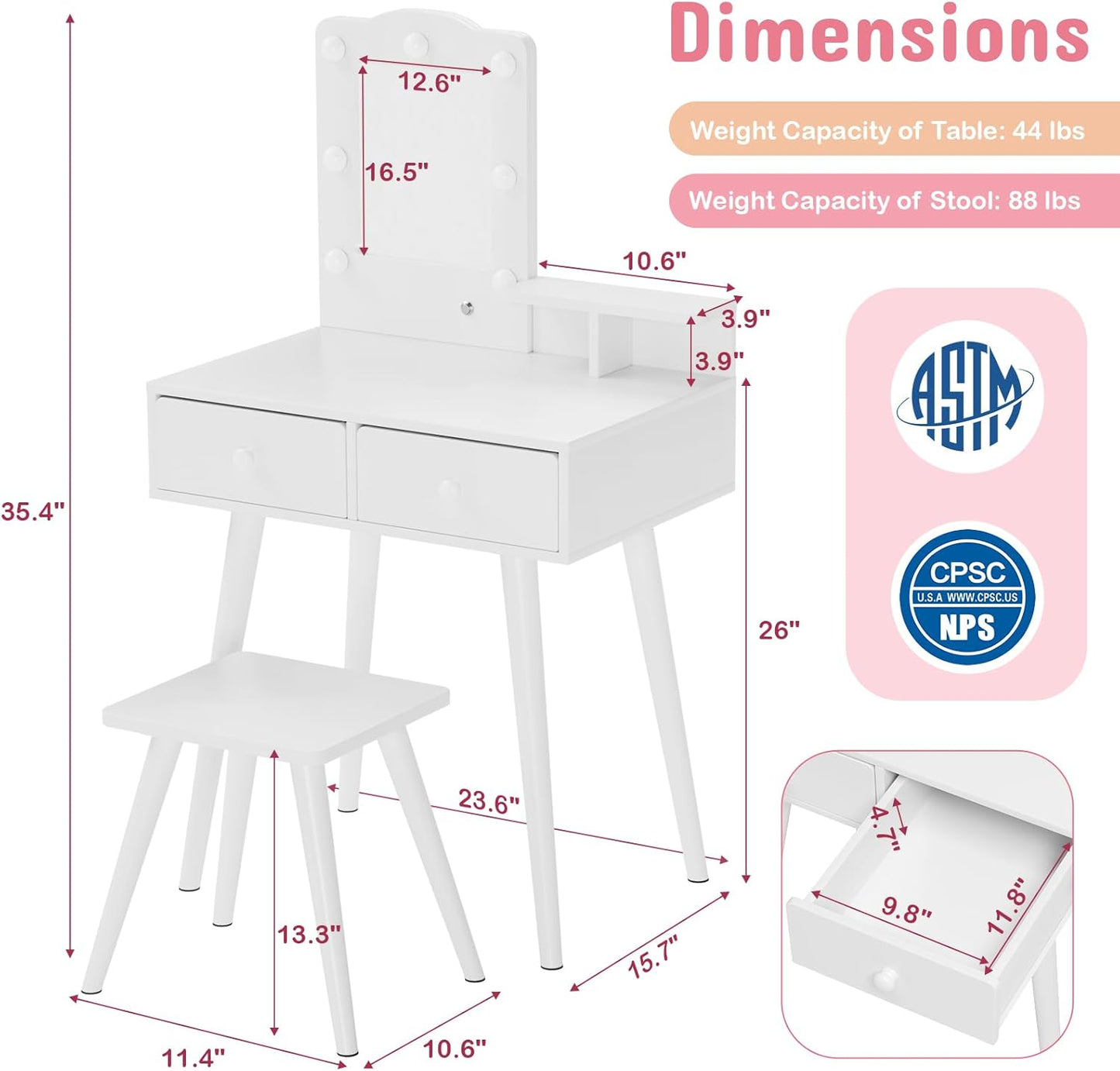 LAZY BUDDY Kids Vanity Set with Lights, Toddler Vanity Table with Mirror and Stool, Wooden Makeup Dressing Table for Children 3+