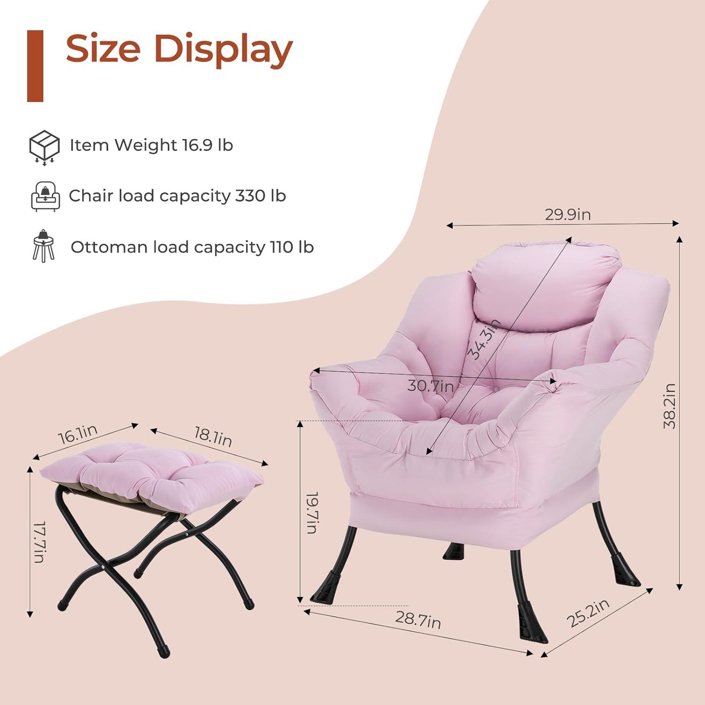LAZY BUDDY Lazy Chair with Side Pocket, Upholstered Accent Lounge Chair Reading Armchair for Living Room, Bedroom