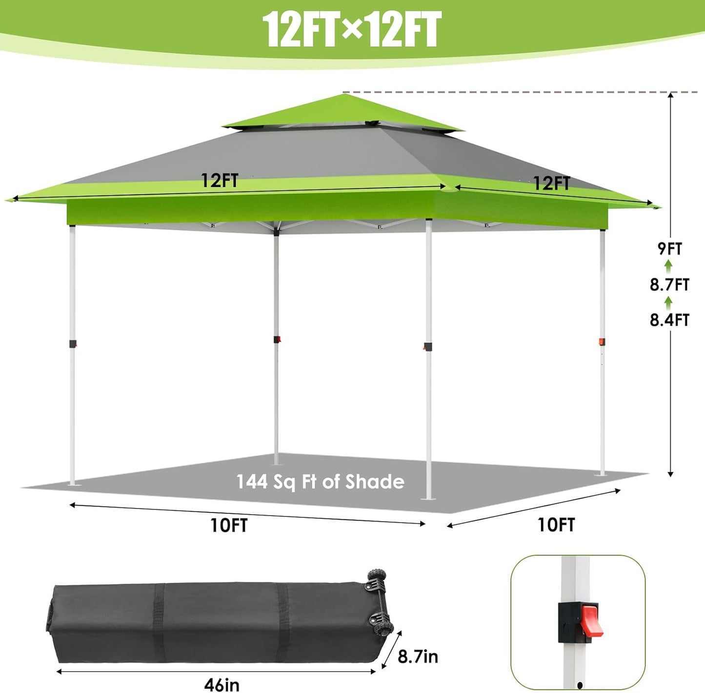 LAZY BUDDY Easy Set-up 12' x 12' Pop up Canopy Tent Heavy Duty Outdoor Camping Party Gazebo Tent Instant Canopy Shelter with Top Ventilation