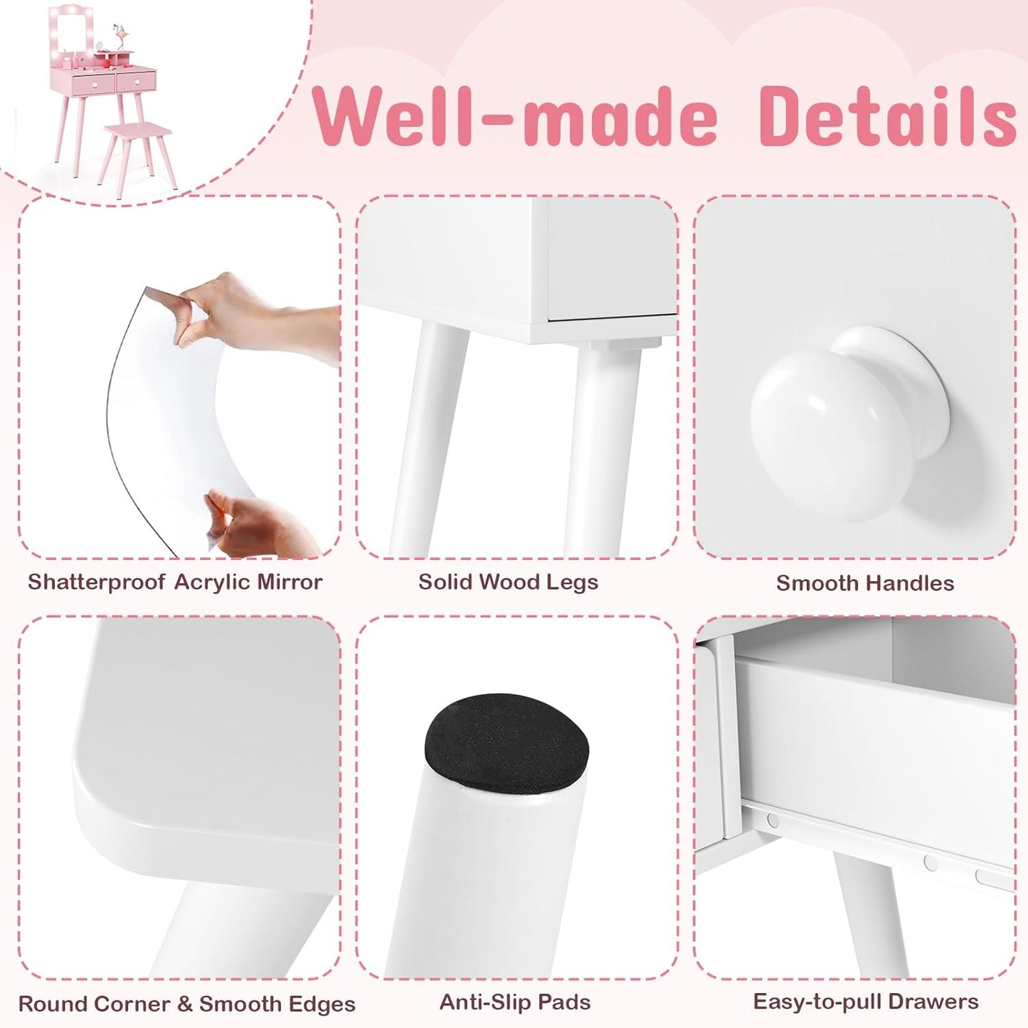 LAZY BUDDY Kids Vanity Set with Lights, Toddler Vanity Table with Mirror and Stool, Wooden Makeup Dressing Table for Children 3+