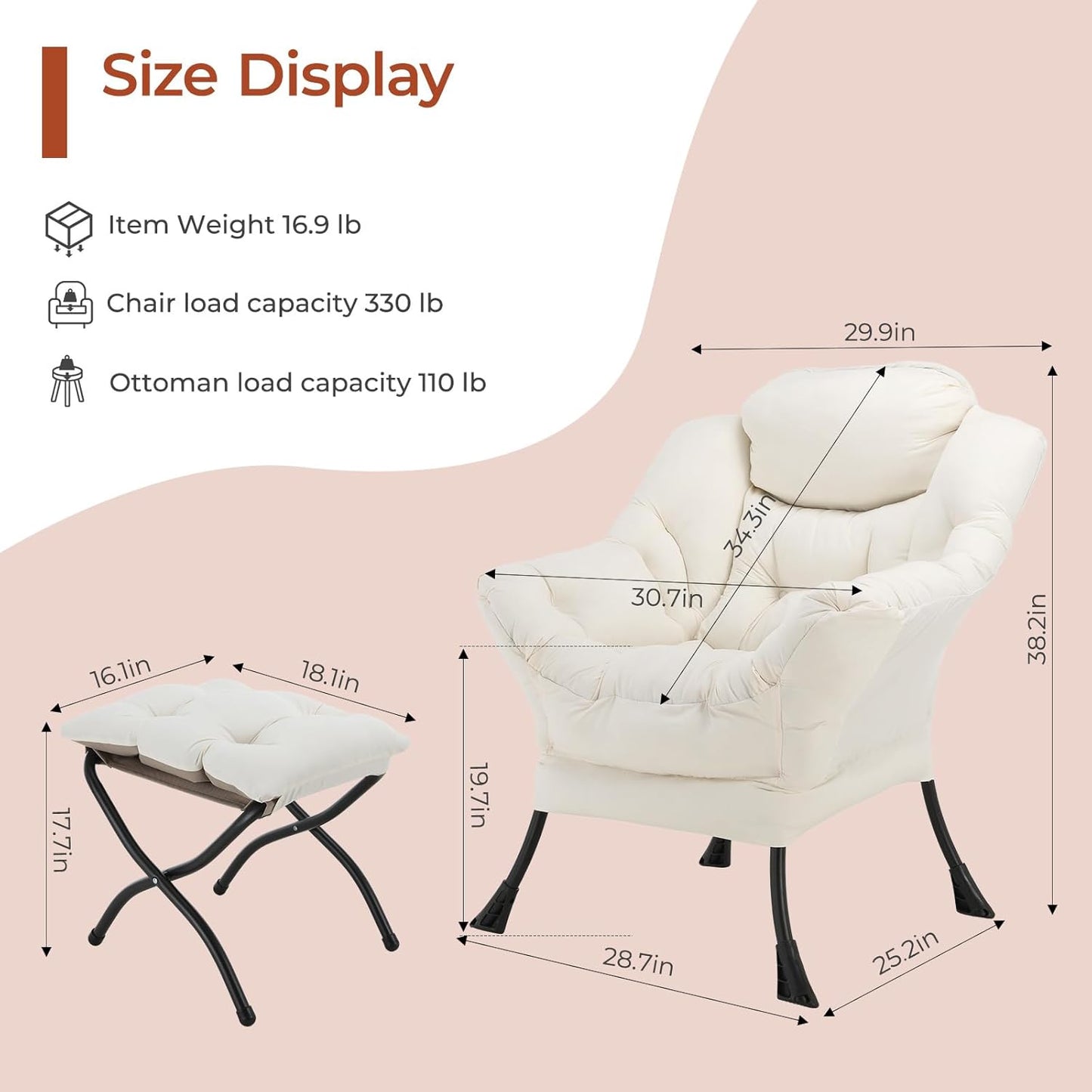 LAZY BUDDY Lazy Chair with Side Pocket, Upholstered Accent Lounge Chair Reading Armchair for Living Room, Bedroom