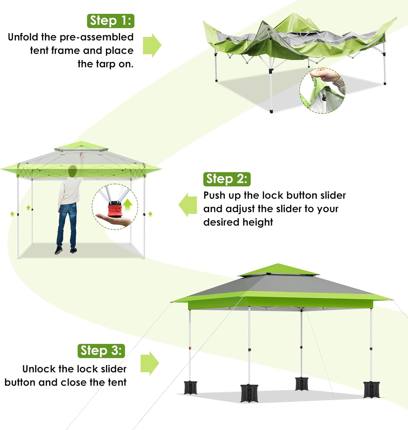 LAZY BUDDY 13'x13' Pop Up Canopy Tent with 1-Person Set up, Camping Instant Durable Shelter, Outdoor Gazebo Beach Shade with Wheeled Bag, 4 Sand Bags