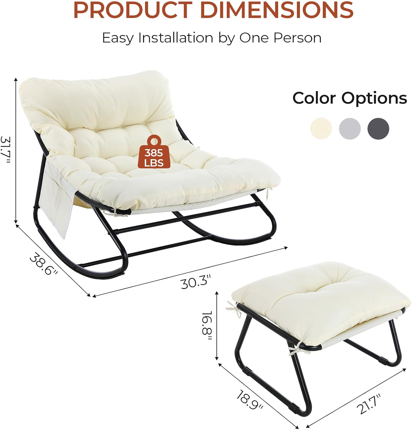 LAZY BUDDY Large Papasan Rocking Chair with Ottoman, Patio Lounge Chair Rocker with 7.4'' Thick Cushion, for Indoor Outdoor Use