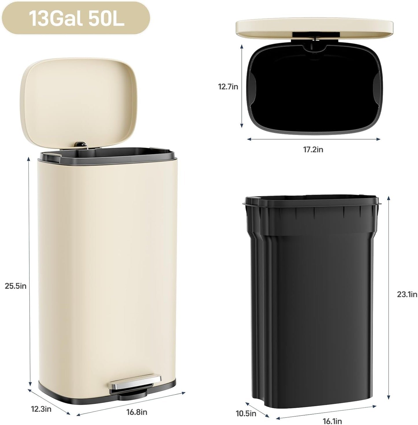LAZY BUDDY 13.2 gal Kitchen Step-on Trash Can, Stainless Steel Garbage Can with Lid, Rectangular Rubbish Bin with Removable Plastic Inner Bucket - 5 Options