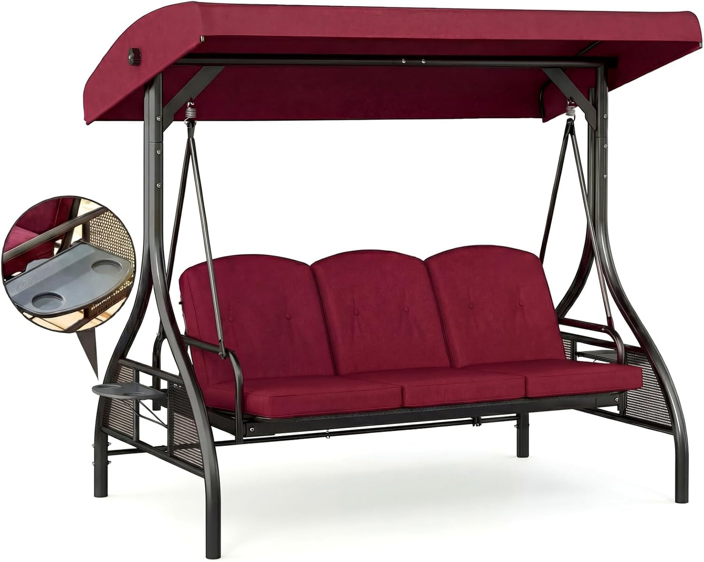 LAZY BUDDY Outdoor Porch Swing with Canopy and Stand, 3 Person Patio Swing for Adults, Convertible 2 in 1 Porch Swing Bed with Cup Holder, 750lbs