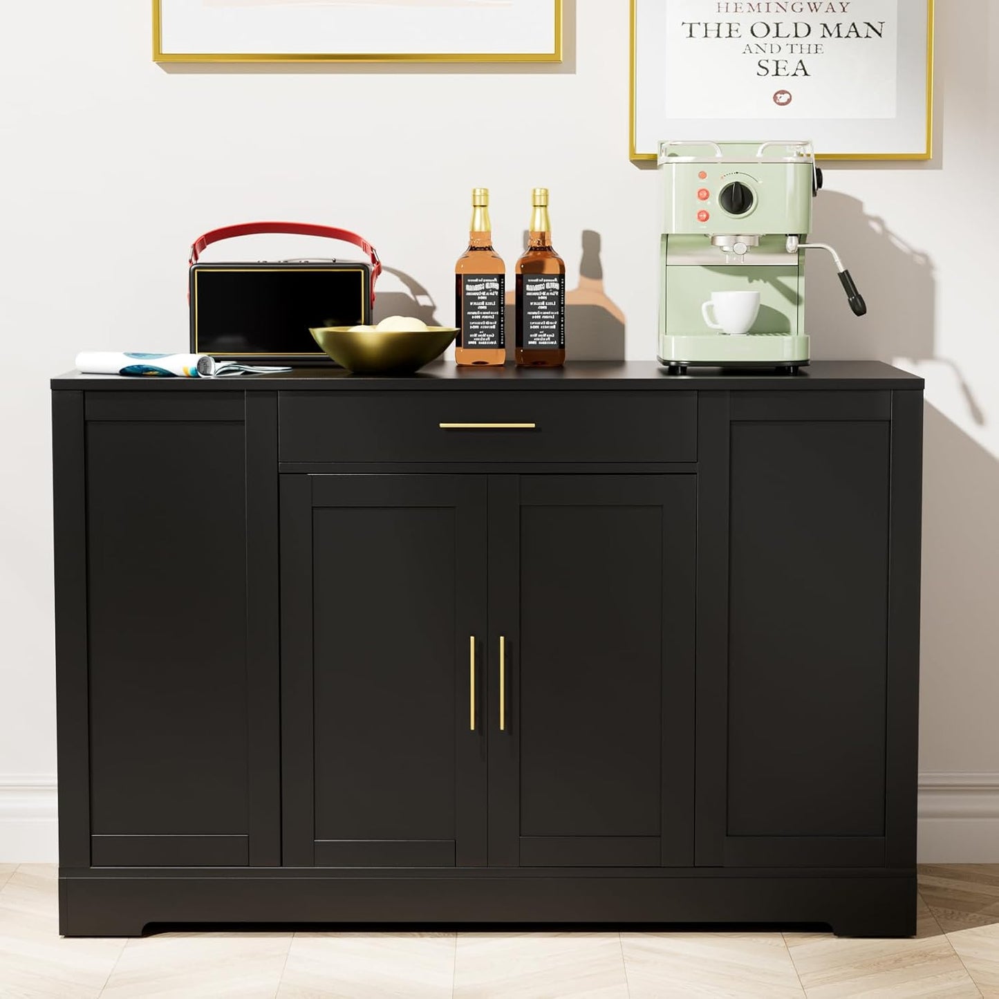 LAZY BUDDY 53" Large Kitchen Island w/ Trash Can Storage Cabinet, Wooden Stationary Storage Pantry for 13 Gallon Garbage Bin with Drawer, Adjustable Double Door Cabinet, 3 Layer Open Side Racks