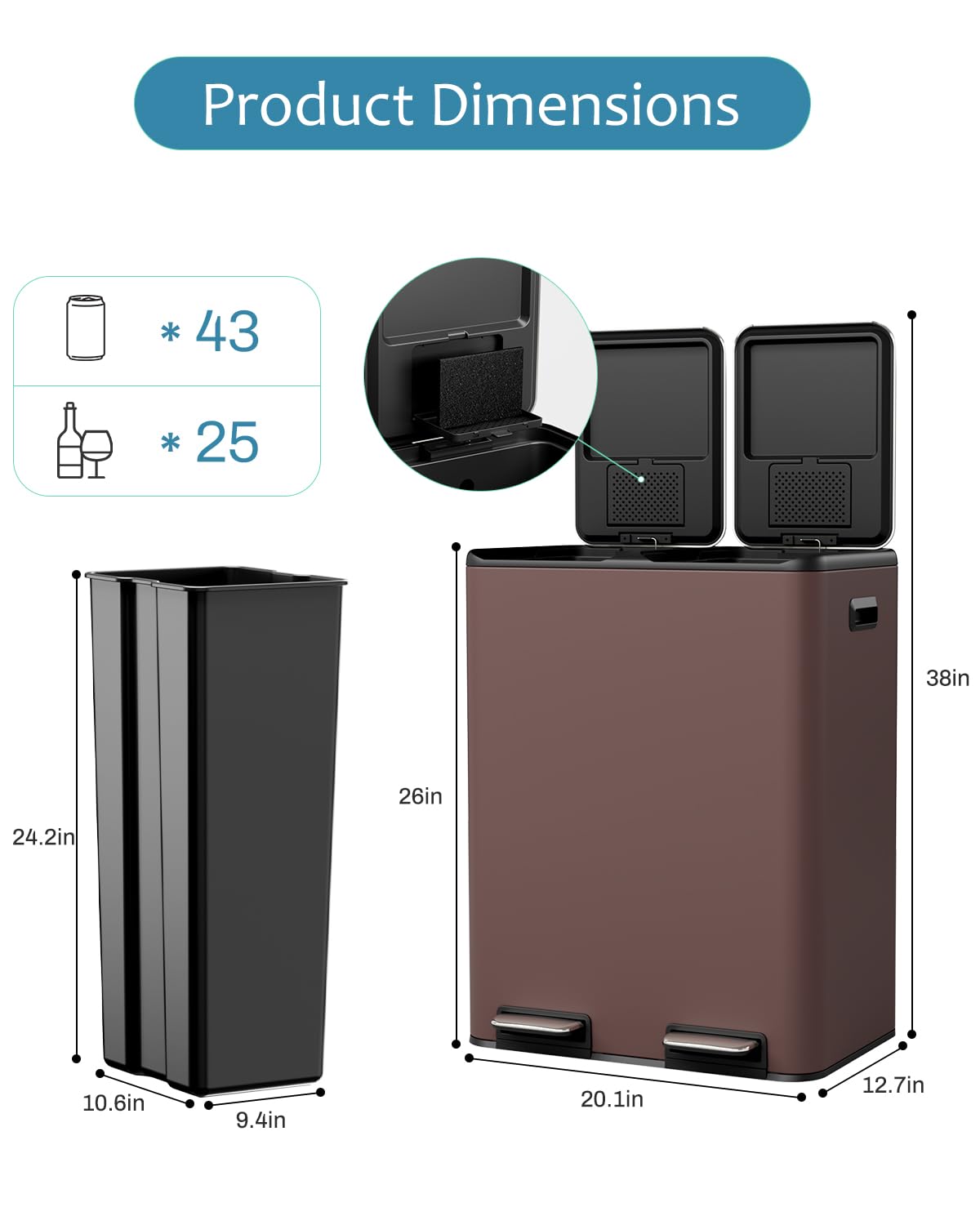 LAZY BUDDY 16 Gal Dual Kitchen Trash Can 2 x 30L Rectangular Stainless Steel Garbage Bin Recycle Waste Dustbin W/ 2 Built-in Odor Control Box