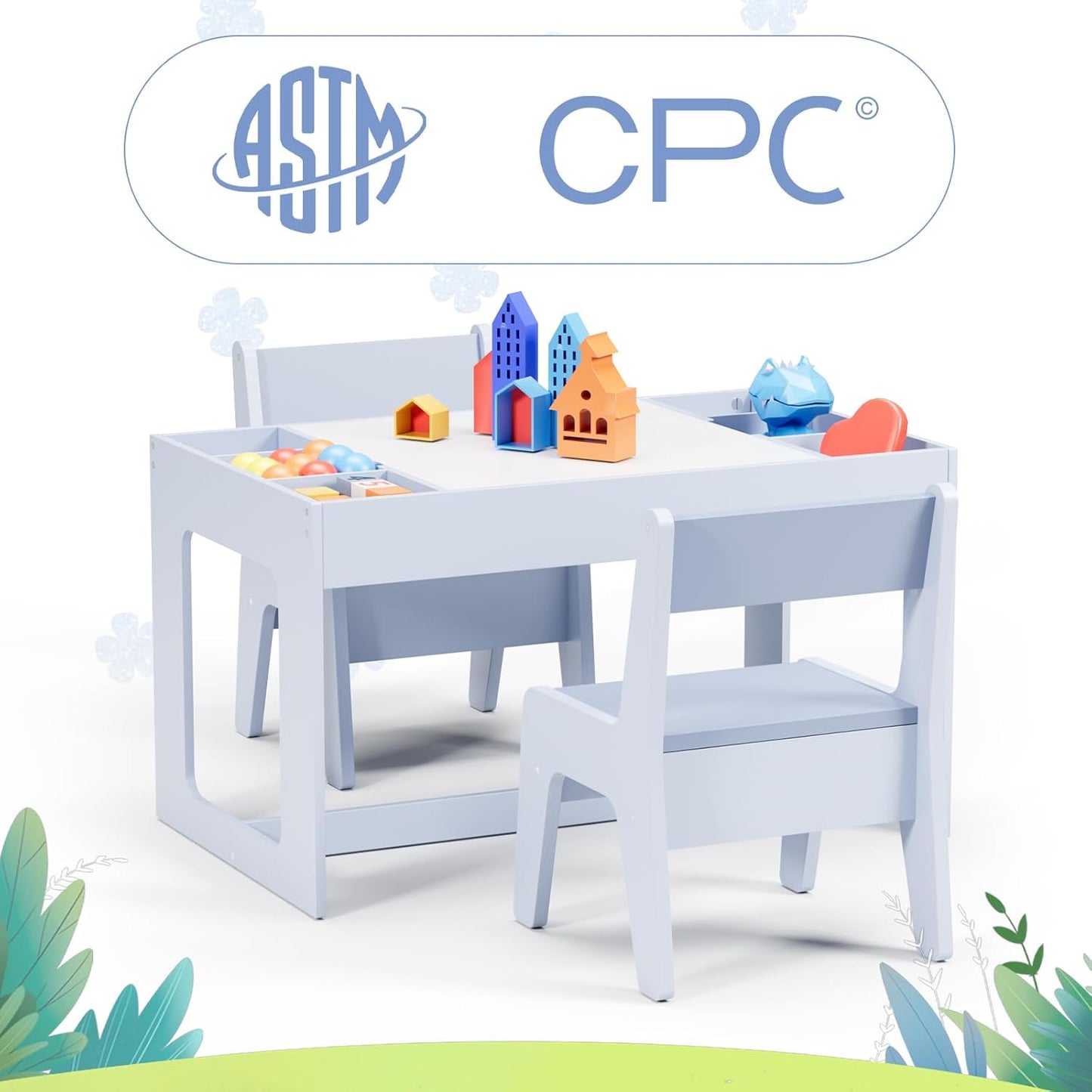 LAZY BUDDY Kids Table & Chair Set, 3 in 1 Children Wood Activity Table W/ Storage Detachable Tabletop for Children Drawing Reading Art Craft, Playroom, Nursery, Toddler Table and Chair Set
