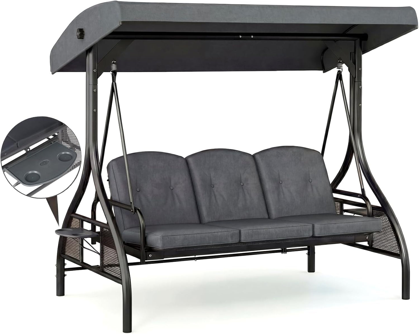 LAZY BUDDY Outdoor Porch Swing with Canopy and Stand, 3 Person Patio Swing for Adults, Convertible 2 in 1 Porch Swing Bed with Cup Holder, 750lbs