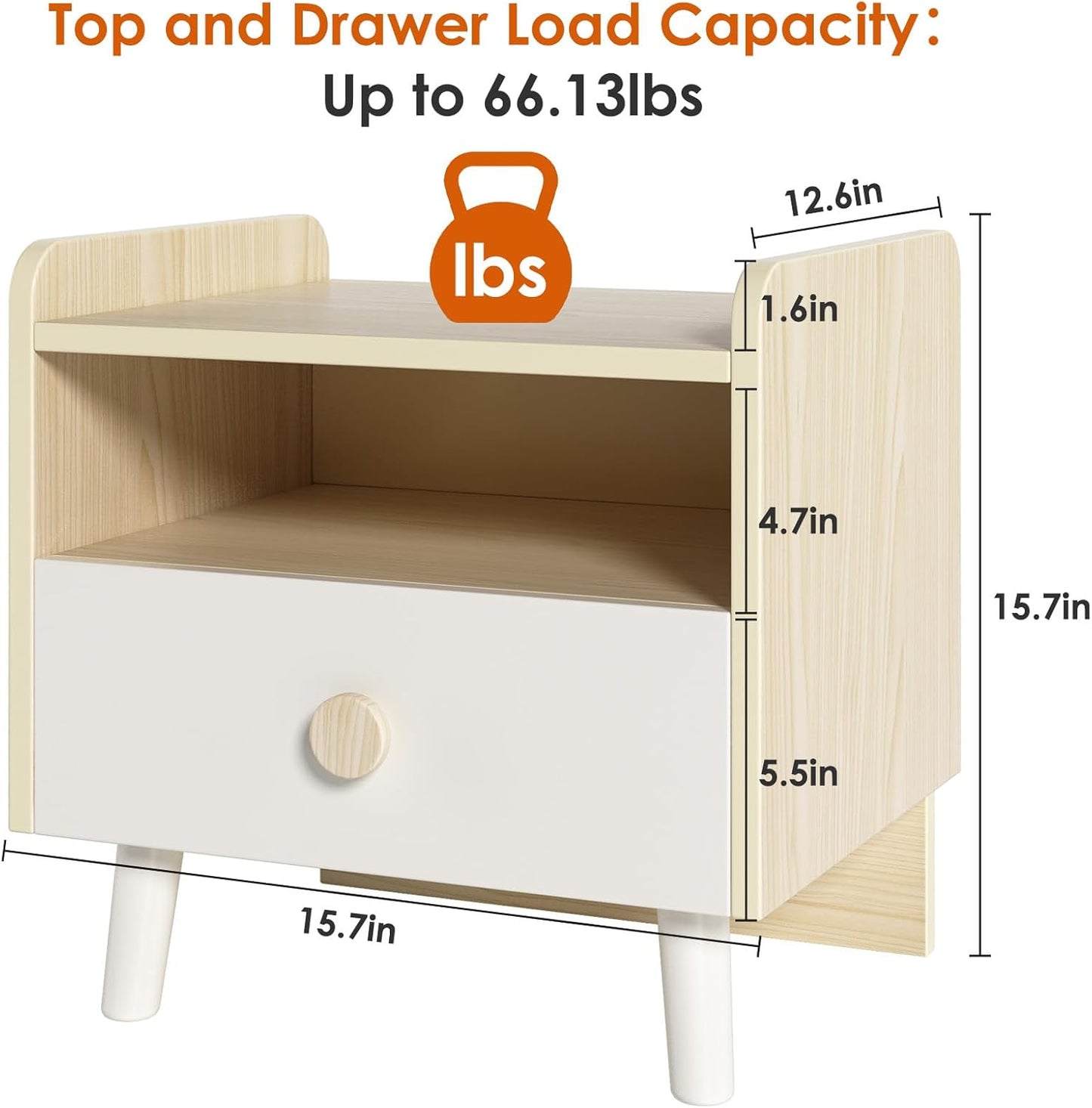 LAZY BUDDY Nightstand with Drawer, Wooden Side Table with Open Shelf, Sturdy Legs, Round Edge, Kid Bedside End for Bedroom Furniture Dorm Small Spaces