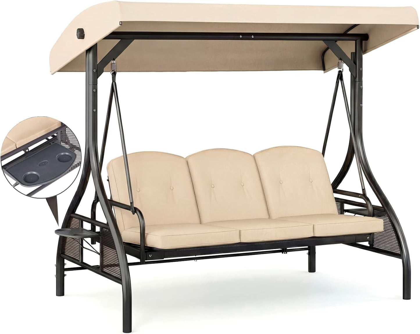 LAZY BUDDY Outdoor Porch Swing with Canopy and Stand, 3 Person Patio Swing for Adults, Convertible 2 in 1 Porch Swing Bed with Cup Holder, 750lbs