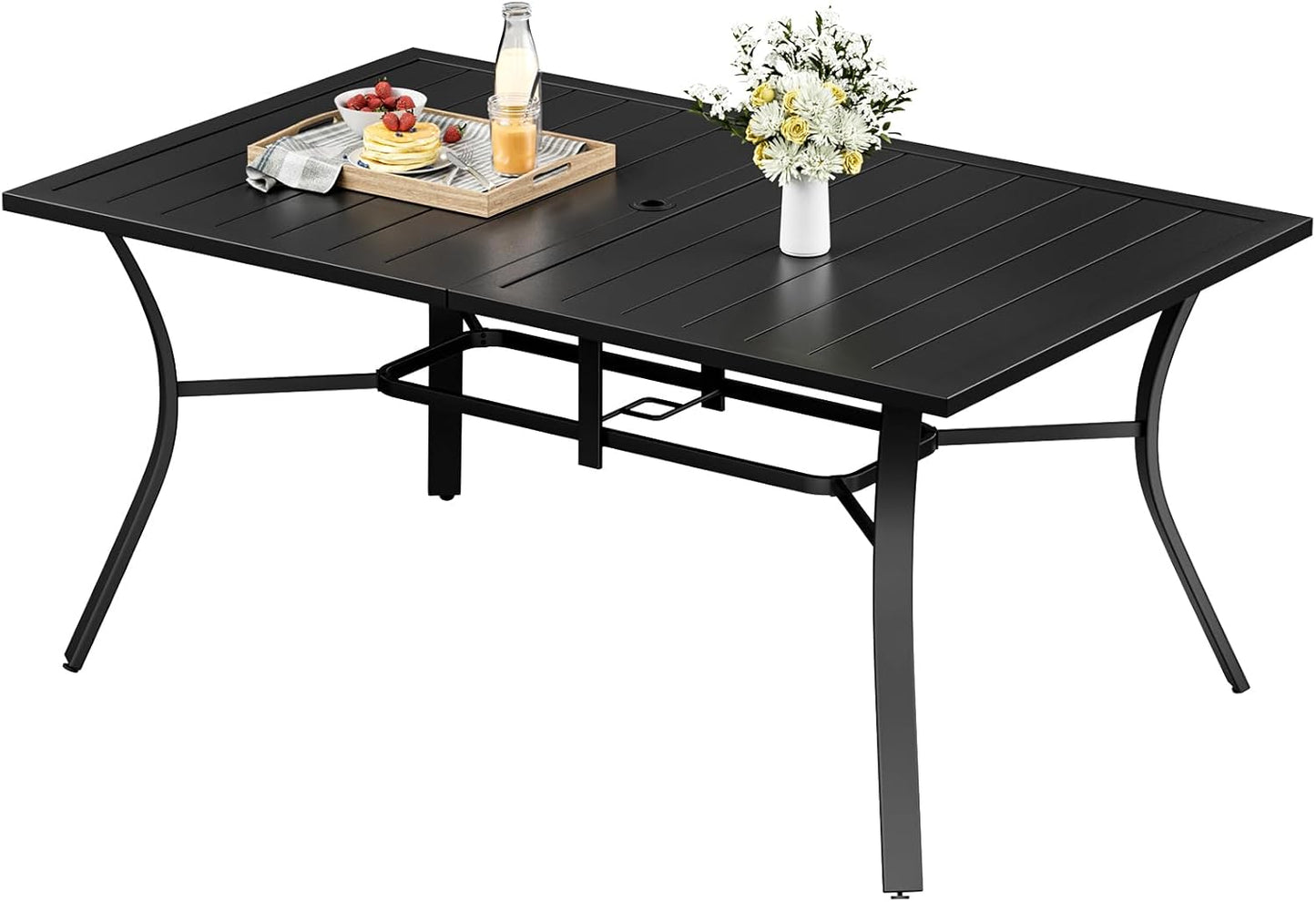 LAZY BUDDY Outdoor Dining Table for 4-6, E-Coating Metal Patio Dining Table with Umbrella Hole, All-Weather Table for Picnic, Garden, Backyard, Poolside