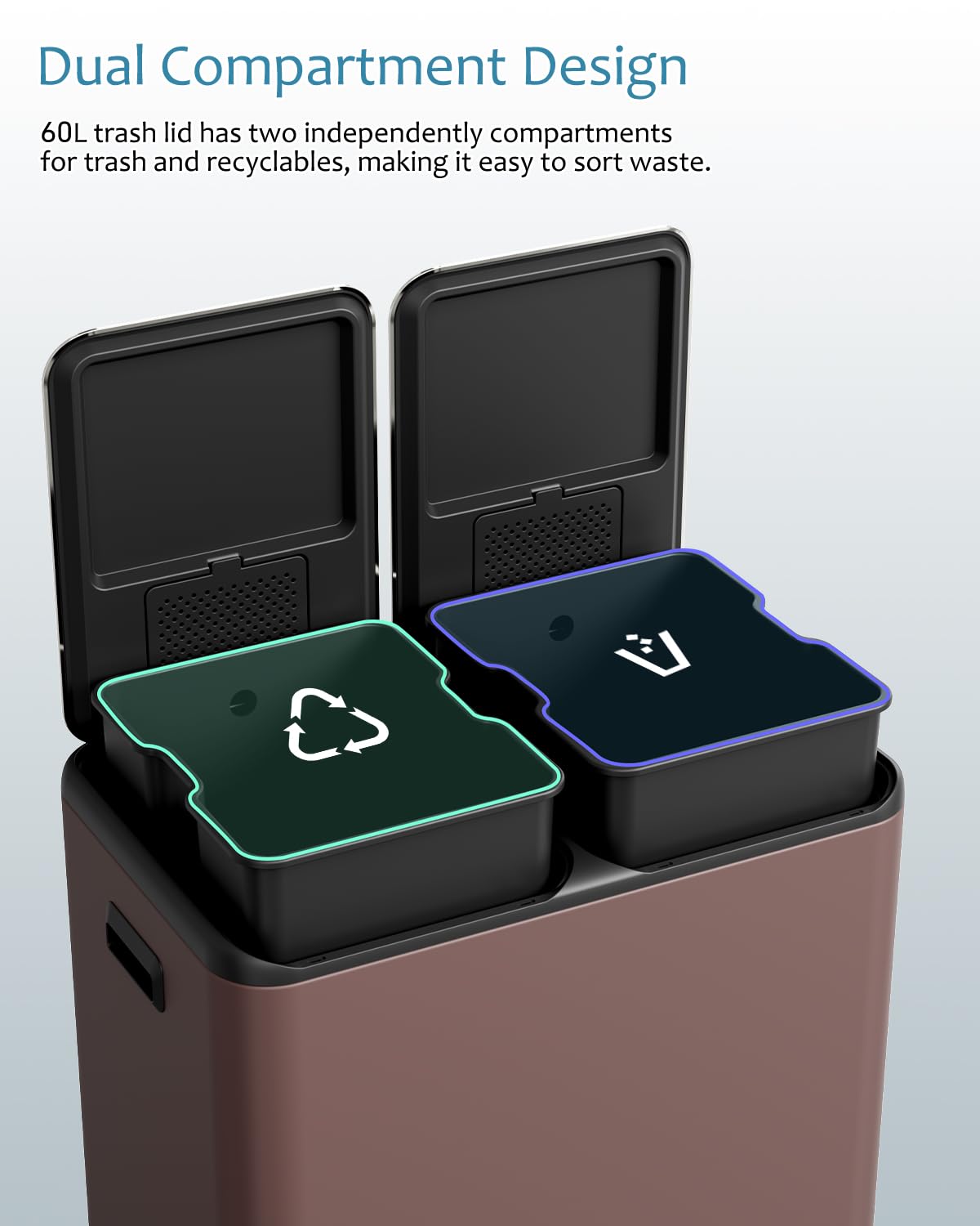 LAZY BUDDY 16 Gal Dual Kitchen Trash Can 2 x 30L Rectangular Stainless Steel Garbage Bin Recycle Waste Dustbin W/ 2 Built-in Odor Control Box