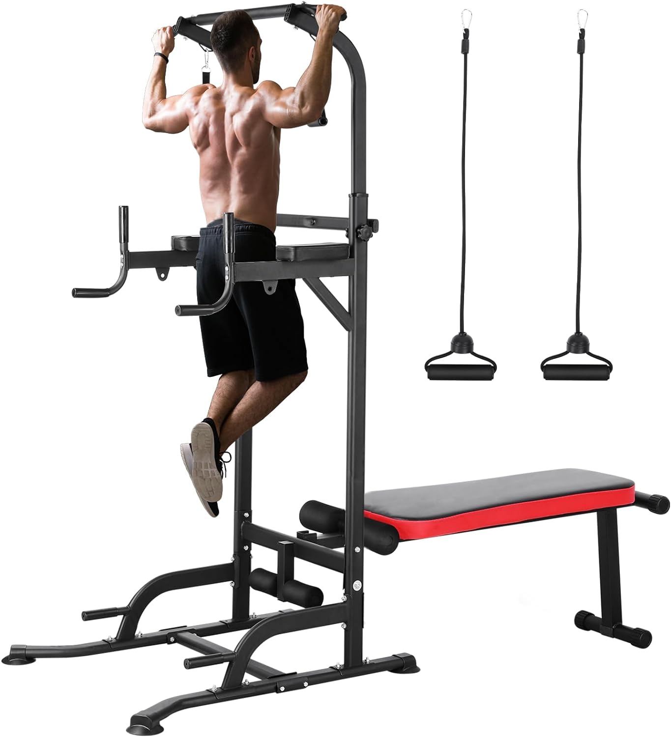 GARTIO Heavy Duty Power Tower Pull Up Bar Dip Station W/ Sit up Bench Home Gym Strength Training Adjustable Height - 400 lbs