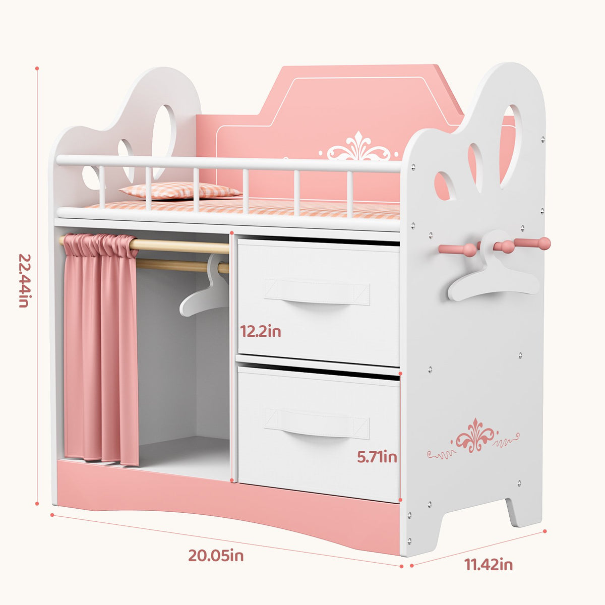 LAZY BUDDY Baby Doll Cirb, Wooden Doll Bed with 2 Storage Drawers, 2 Hangers, Pillow & Sheet