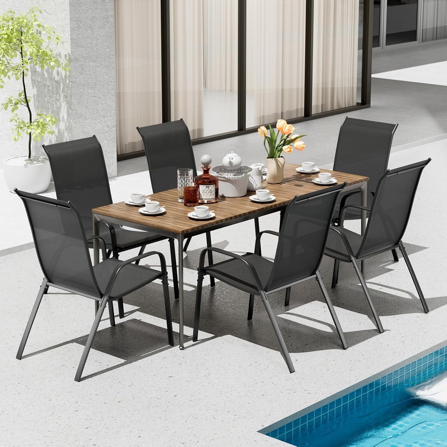 LAZY BUDDY Patio Chairs Set of 6, Stackable Outdoor Dining Chairs for All Weather Textilene Fabric & Metal Frame, Outdoor Chairs Set for Backyard Deck Garden