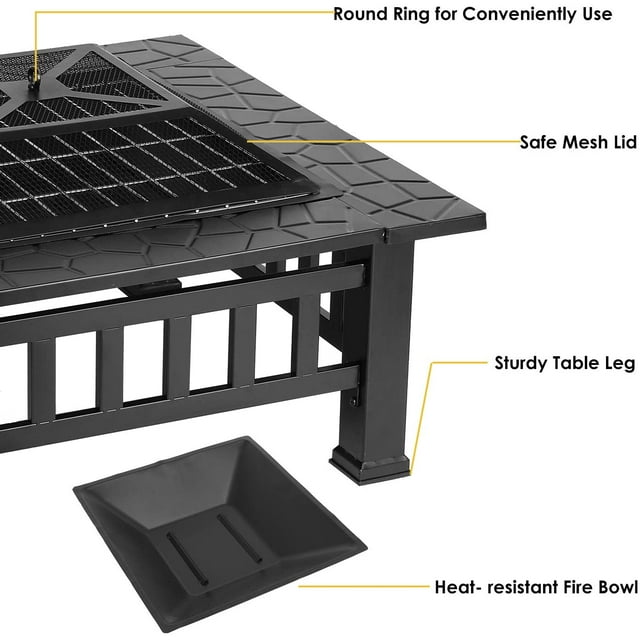 LAZY BUDDY Steel Fire Pits for Outside, 32'' Square Wood Burning Fire Pit Table, Outdoor Patio BBQ Firepit Bonfire Party