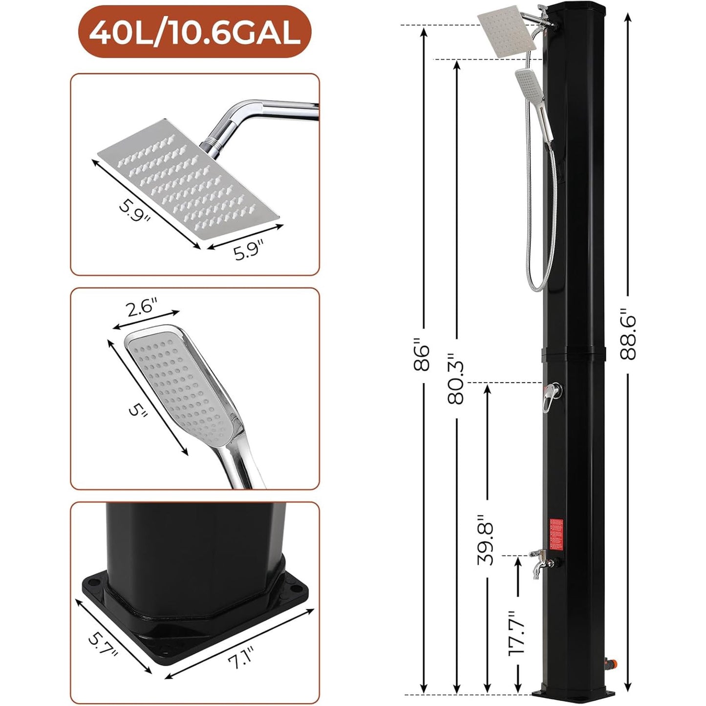 LAZY BUDDY 9.3/10.6/16 Gallon Solar Heated Outdoor Shower, 7.5FT Height Freestanding Outside Shower with 360° Swivel Shower Head, Handheld Shower & Foot Faucet, Temperature Adjustment
