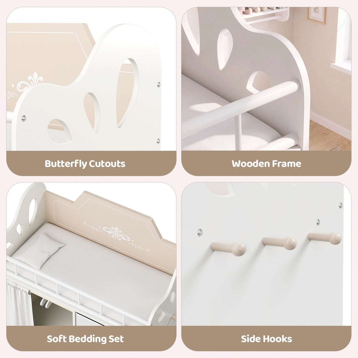 LAZY BUDDY Baby Doll Cirb, Wooden Doll Bed with 2 Storage Drawers, 2 Hangers, Pillow & Sheet