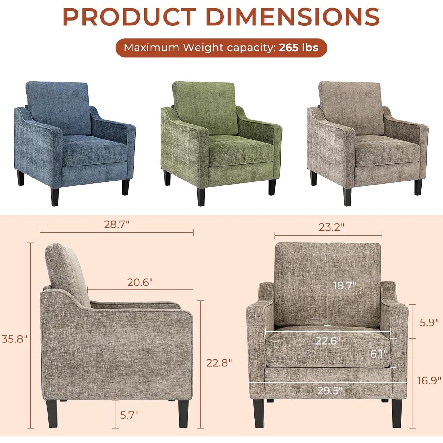 LAZY BUDDY Comfy Accent Chair for Living Room Bedroom and Waiting Room, Upholstered Mid-Century Reading Chair with Removable Cover & Wood Legs, Wide Singe Modern Lounge Sofa