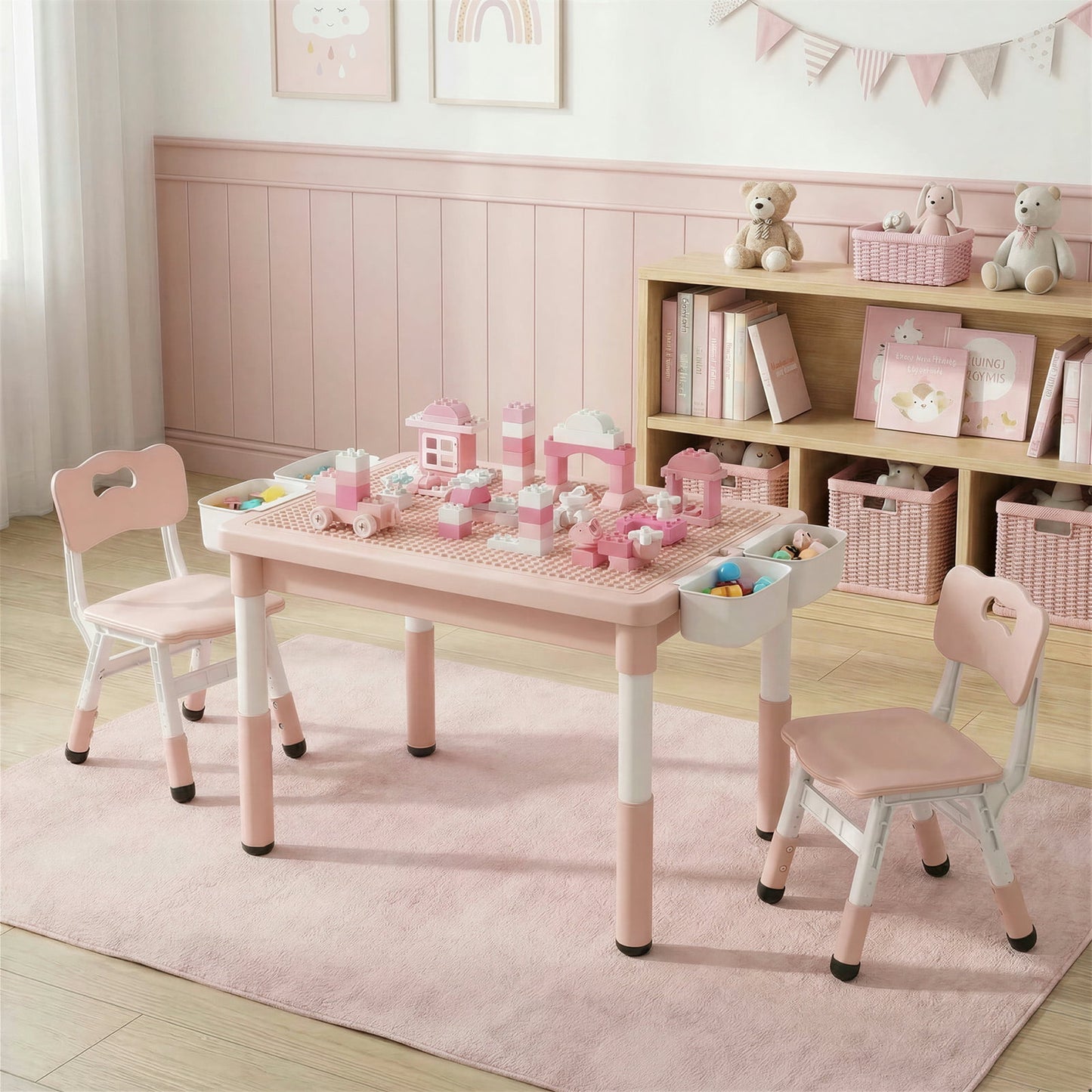 LAZY BUDDY Kids Table and Chairs Set with Storage Boxes, Height Adjustable Toddler Activity Table and 2 Chairs Set with Graffiti & Building Blocks Double-Sided Tabletop
