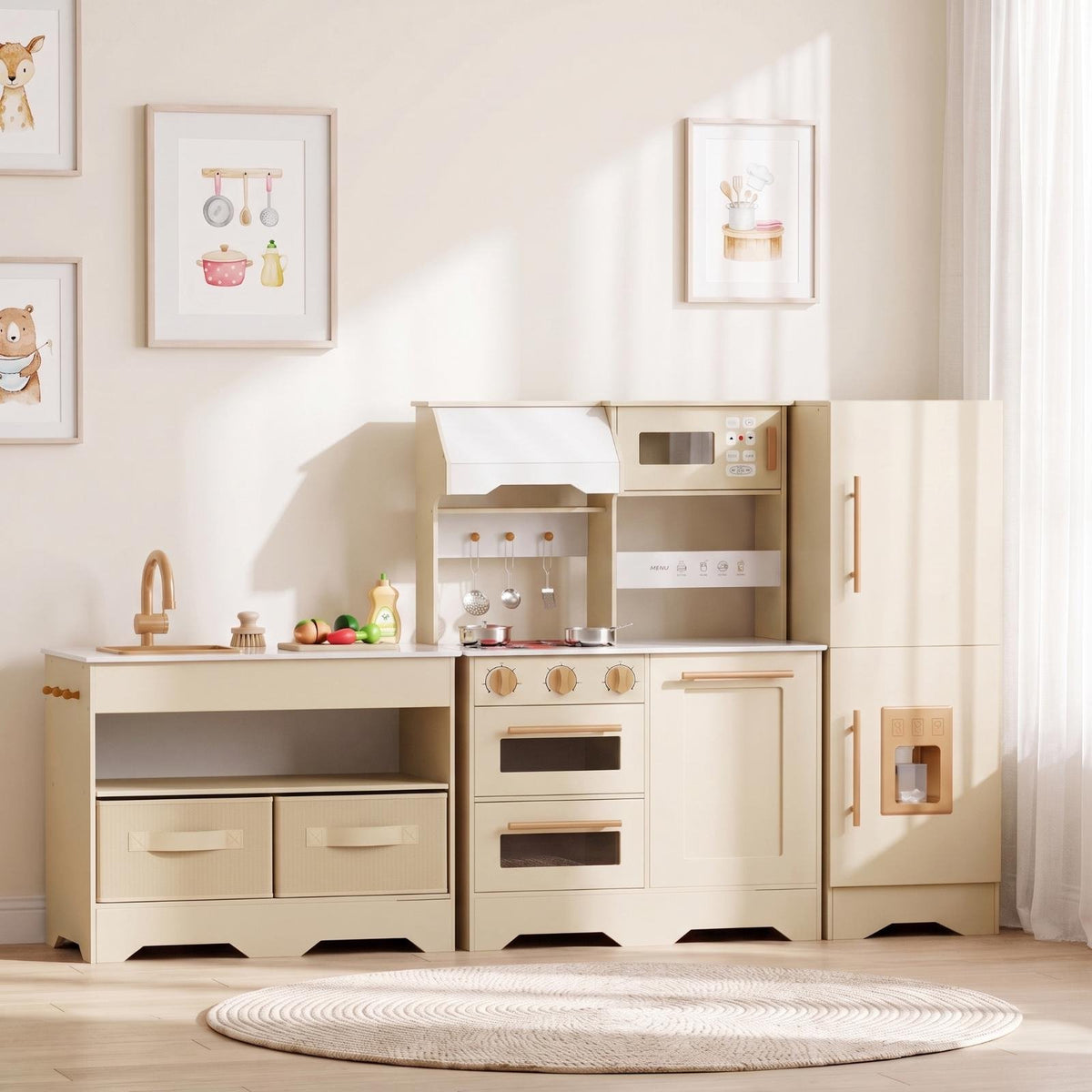 LAZY BUDDY Wooden Pretend Play Kitchen for Kids, 3-Piece Modular Kitchen Playset Toddler Interactive Toy Gift