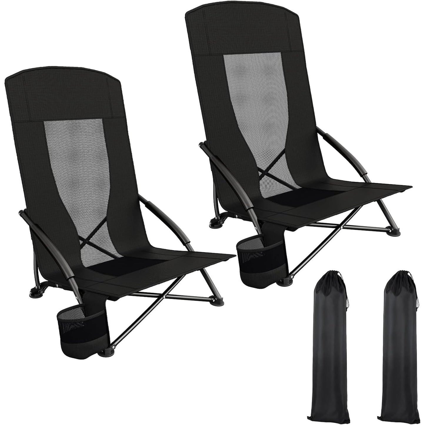 LAZY BUDDY High Back Beach Chair Set of 2, Portable Folding Low Seat Chair for Camping, Beach, Outdoor Concert, 350lbs