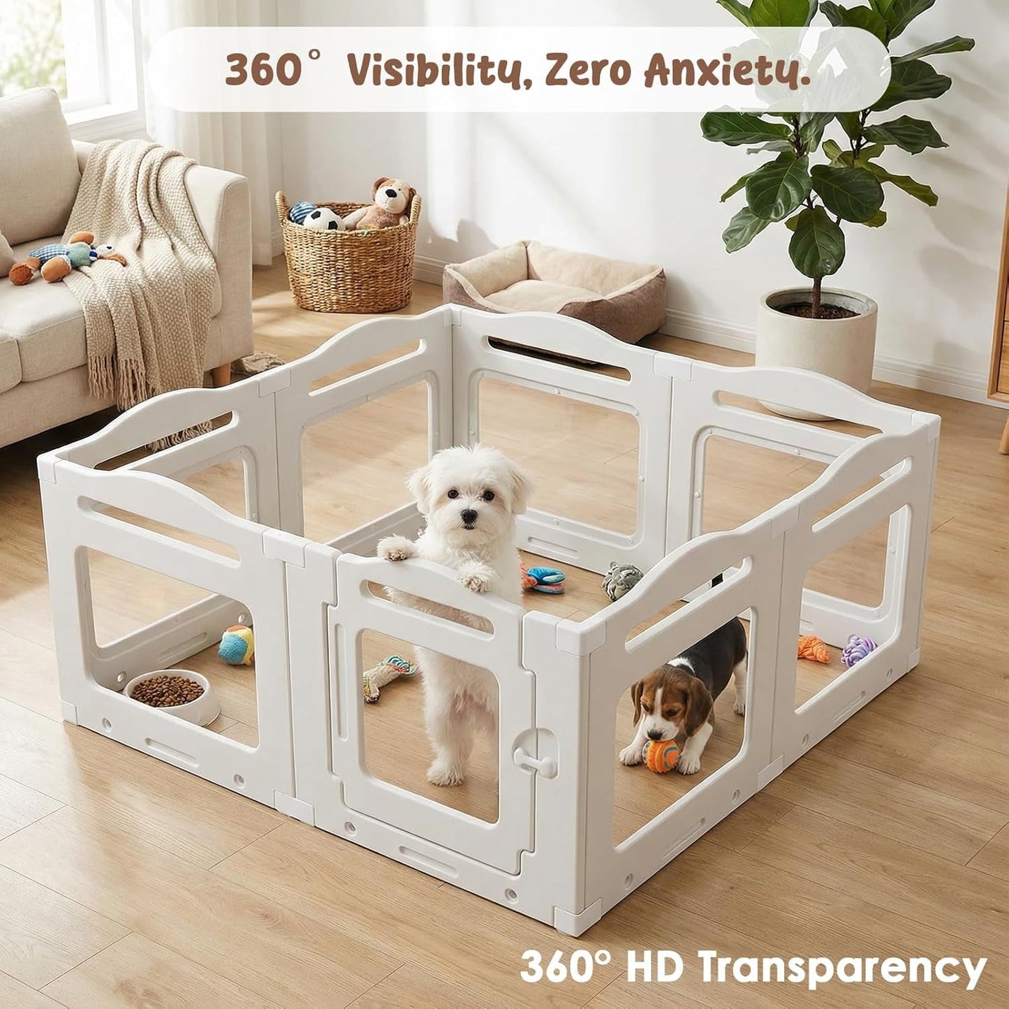 LAZY BUDDY Clear Acrylic Dog Playpen 49.6''x49.6''x23.6'', Indoor Pet Kennel with Locking Door, Plastic Safety Fence Pet Play Pen Whelping for Puppy, Kitten, Small Dogs
