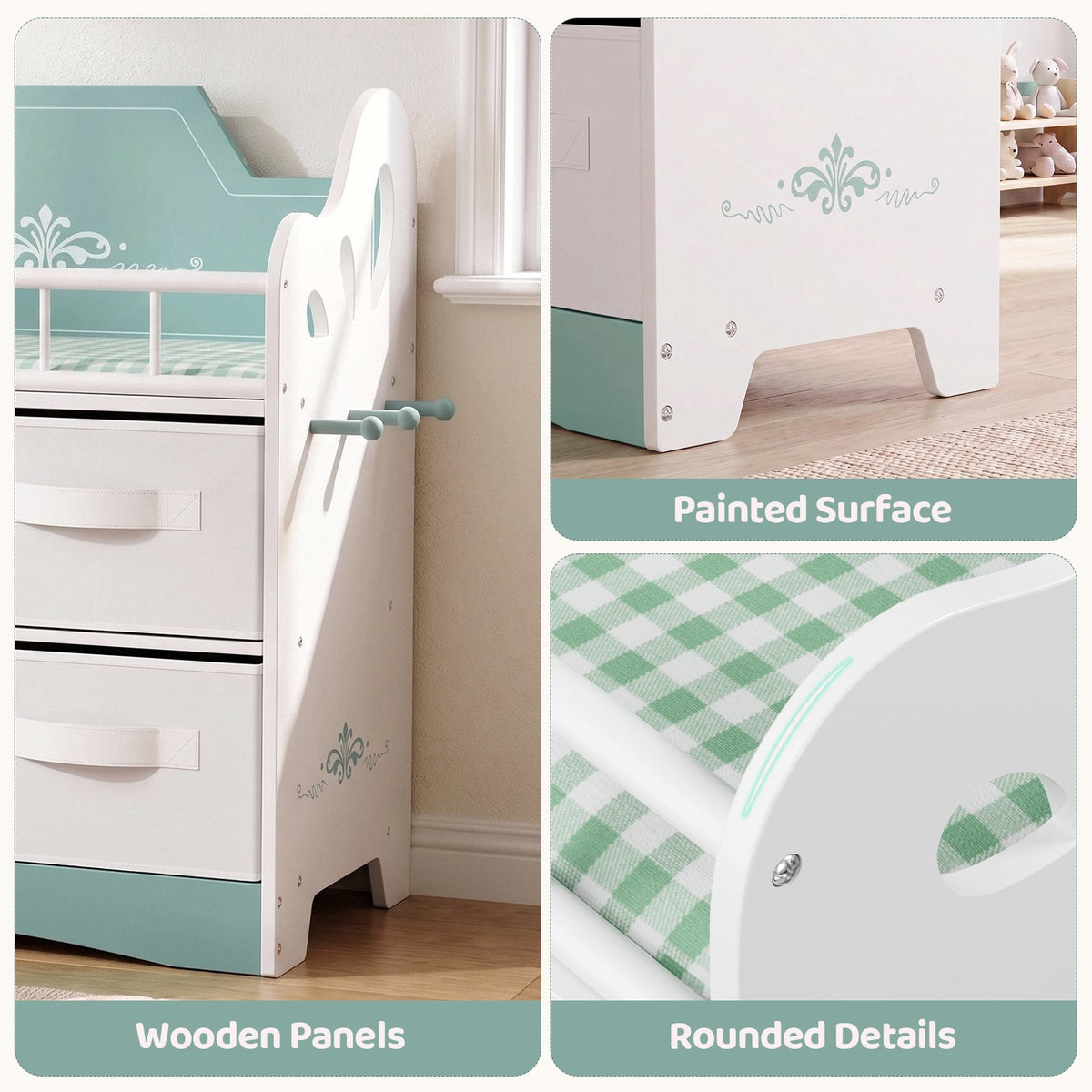 LAZY BUDDY Baby Doll Cirb, Wooden Doll Bed with 2 Storage Drawers, 2 Hangers, Pillow & Sheet