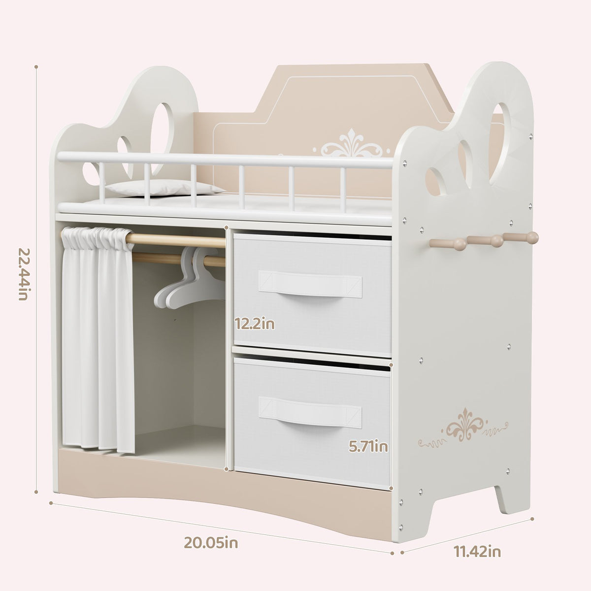 LAZY BUDDY Baby Doll Cirb, Wooden Doll Bed with 2 Storage Drawers, 2 Hangers, Pillow & Sheet