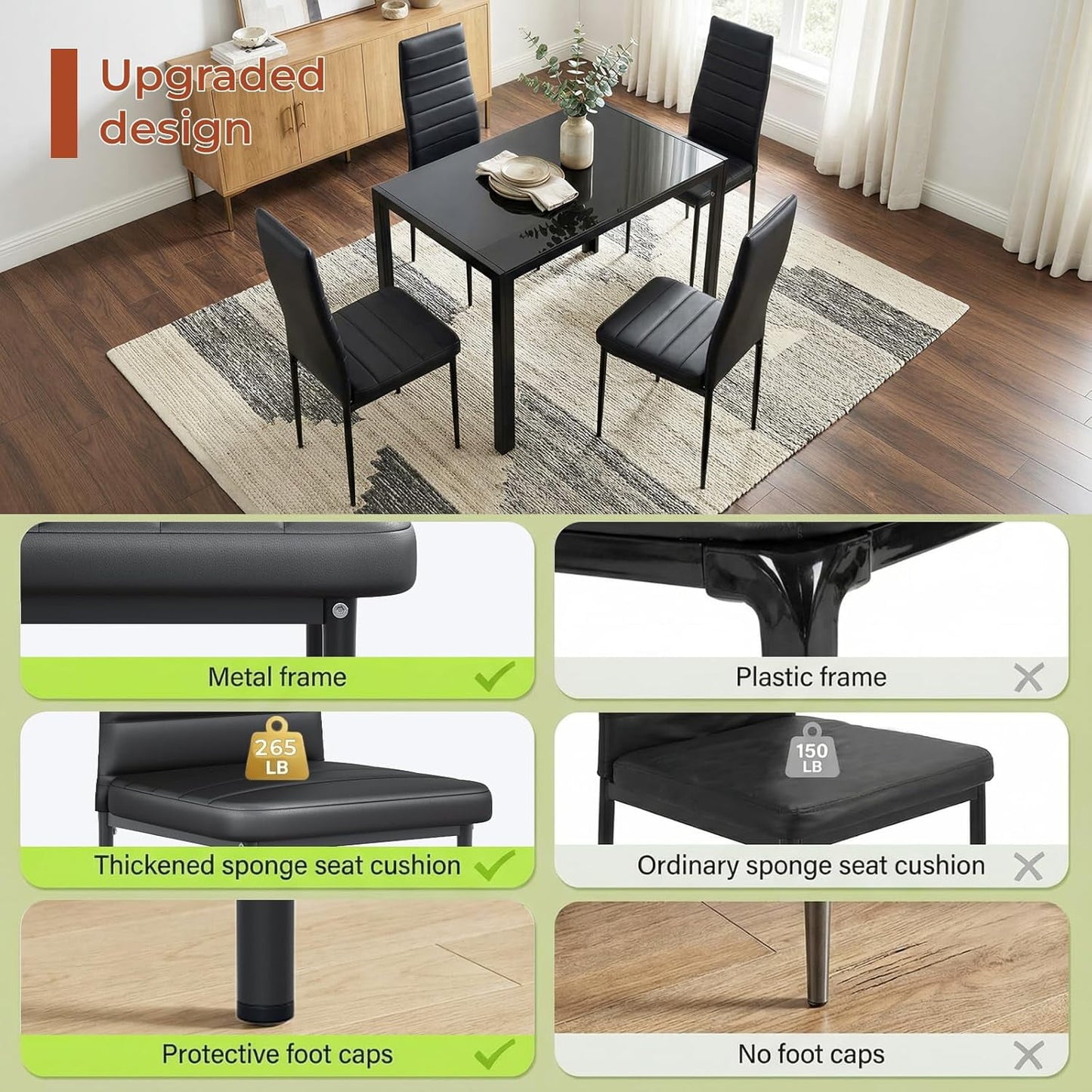 LAZY BUDDY 5-Piece Kitchen Dining Table Set, Modern Table and 4 Faux Leather Chairs with Tempered Glass Tabletop for Dining Room