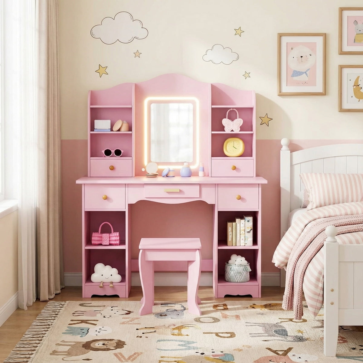 LAZY BUDDY Wooden Kids Vanity Table with Lights, Mirror and Stool, 2 in 1 Toddler Pretend Play Dressing Table with Drawers & Open Shelves for Little Girls