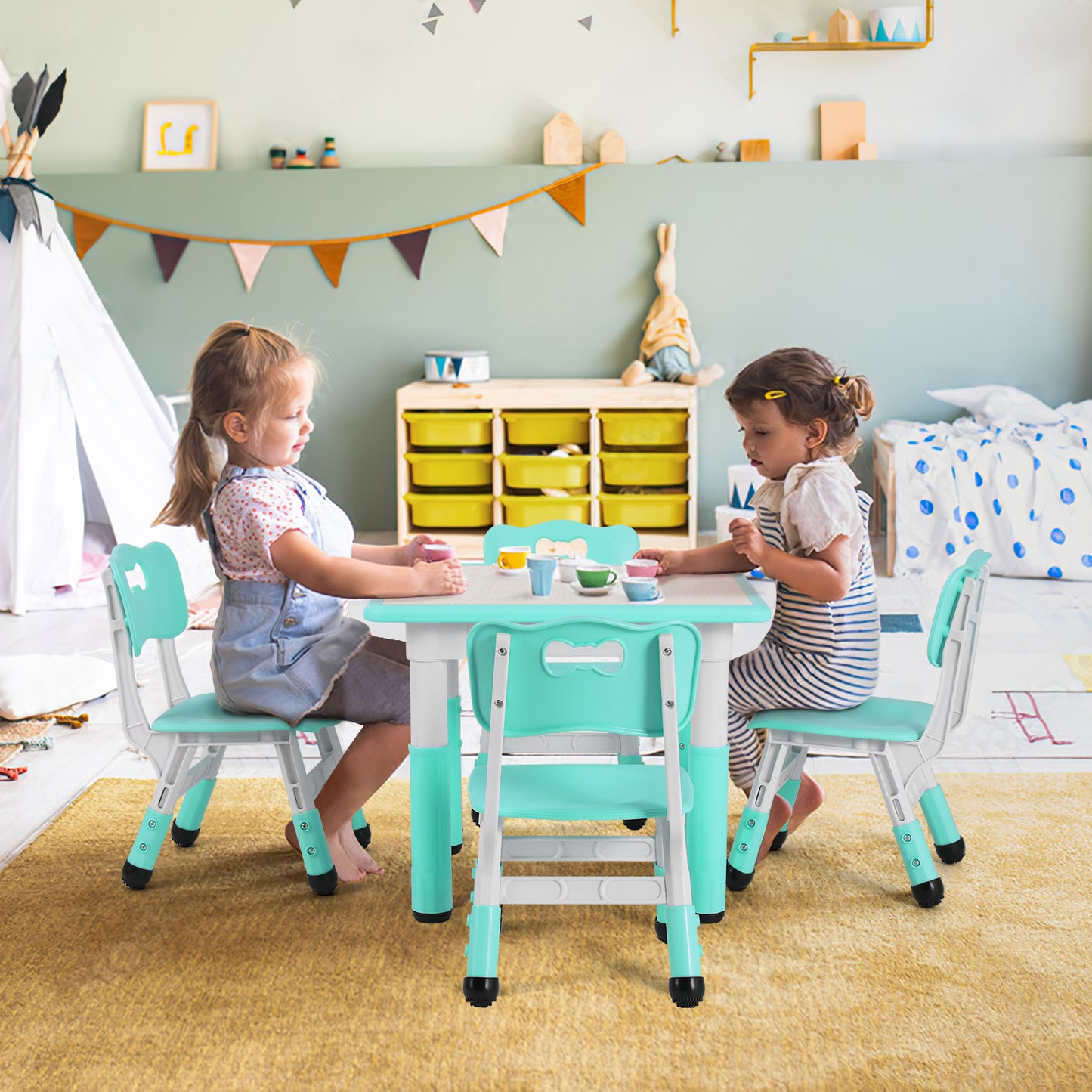 LAZY BUDDY Kids Table and 4 Chairs Set, Height Adjustable Toddler Table and Chair Set for Ages 2-10, Arts & Crafts Table for Classrooms/Daycares/Homes