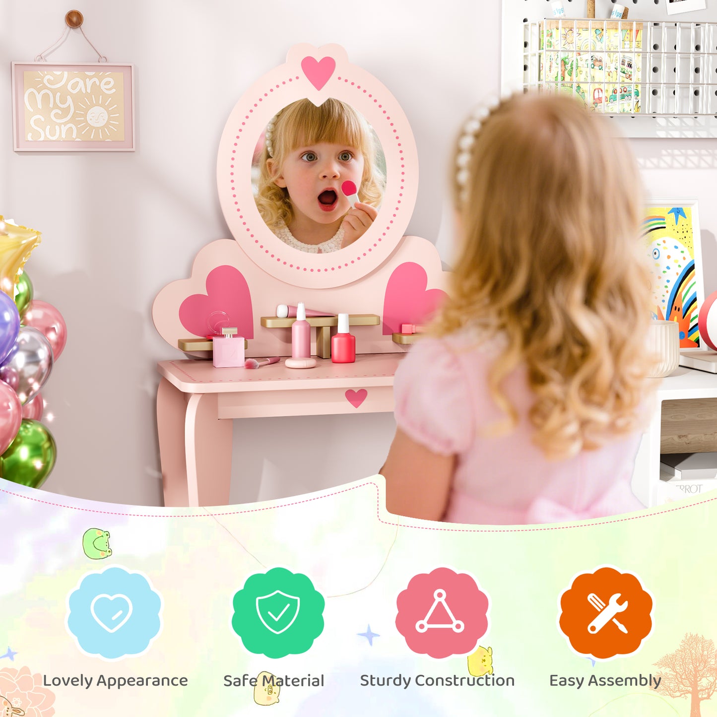 LAZY BUDDY Kids Vanity Set, Wooden Vanity Table and Chair with Mirror, Including 8pcs Pretend Play Makeup Accessories, Princess Dressing Makeup Table for Girls 3+