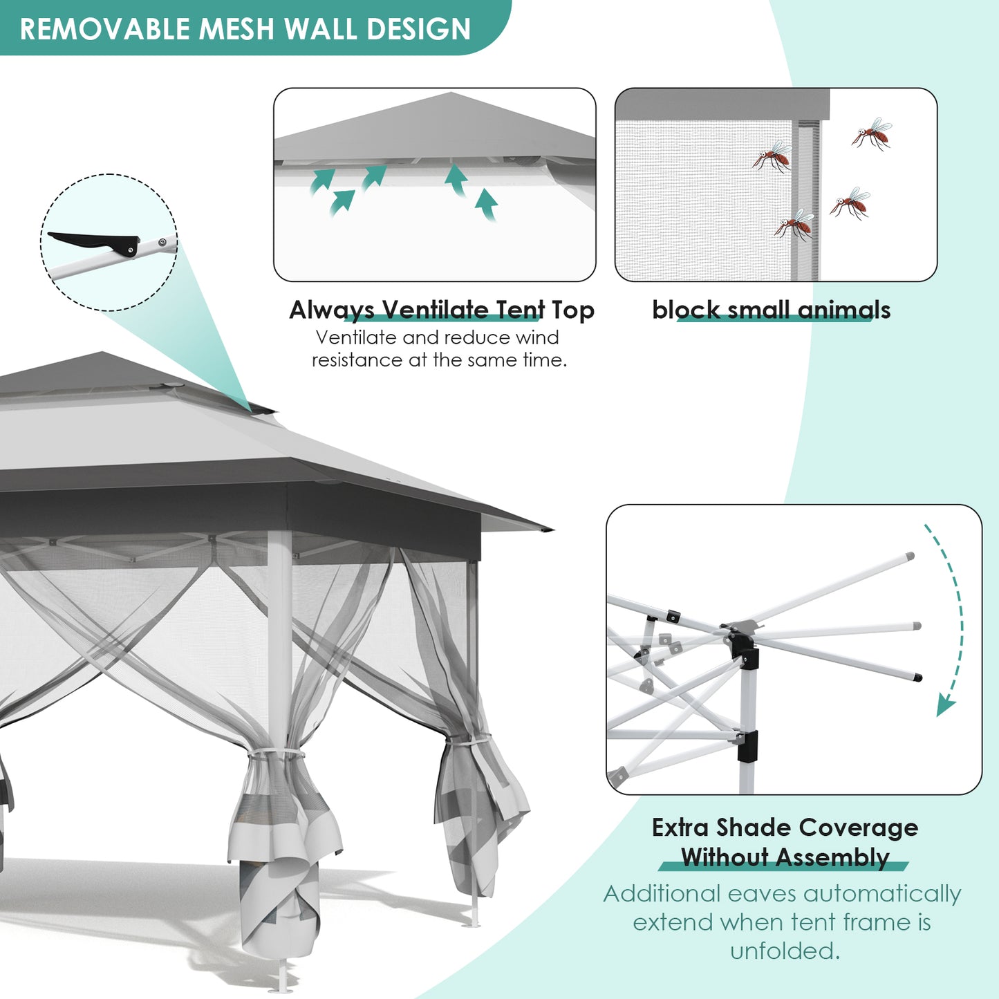 LAZY BUDDY Outdoor Pop Up Gazebo, 11' x 11' Screen House Room Tent, Folding Instant Shelter for Beach, Party and Camping, Gray